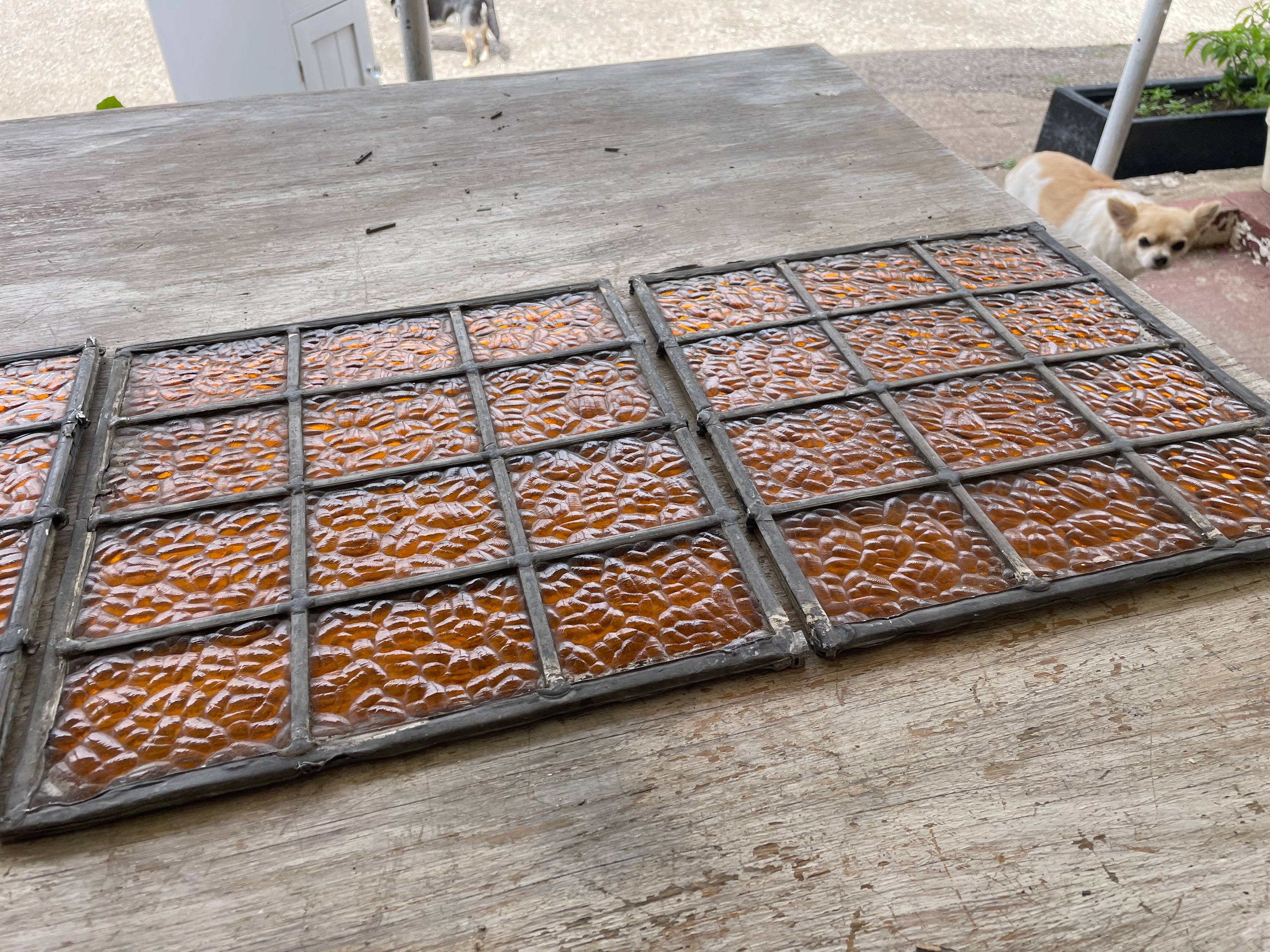 Trio of Antique Amber Textured Leaded Glass Panels c.1900