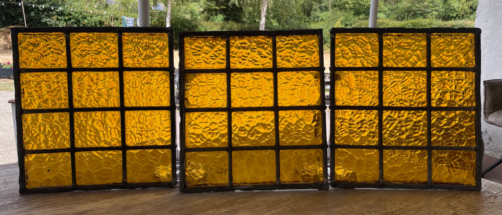 Trio of Antique Amber Textured Leaded Glass Panels c.1900