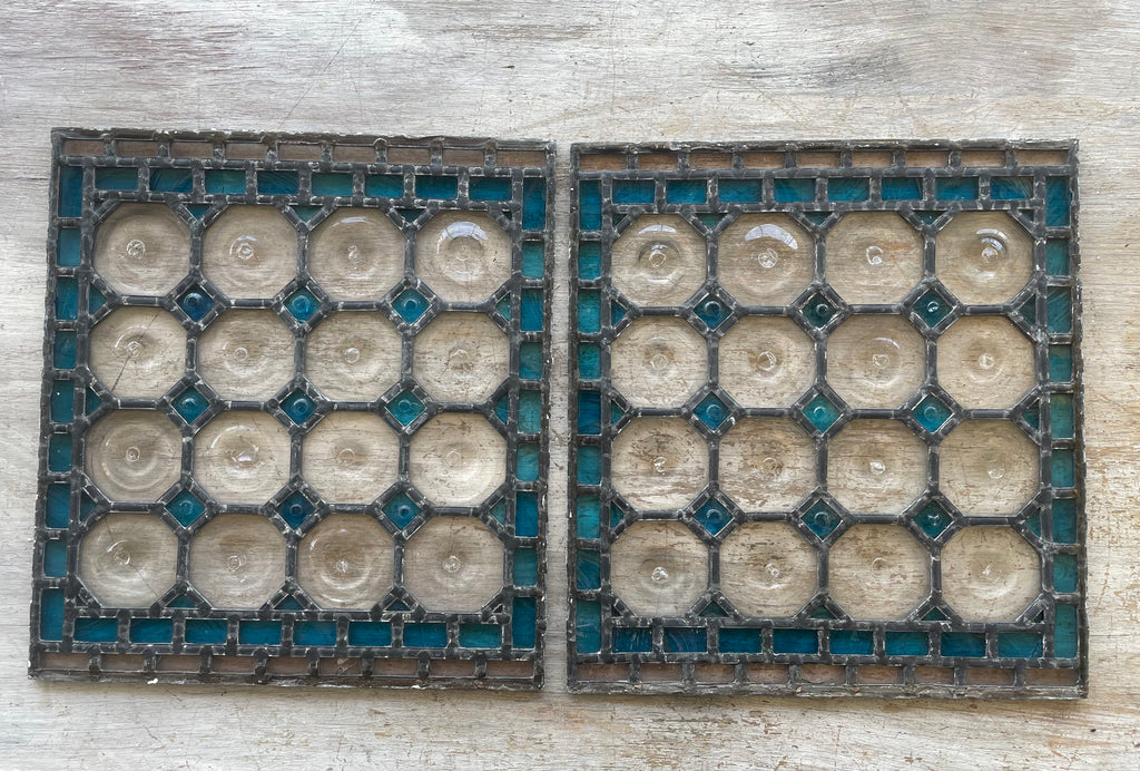 Matched Pair Antique Leaded Glass Panels With Turquoise Glass & Clear Bullesye Roundels
