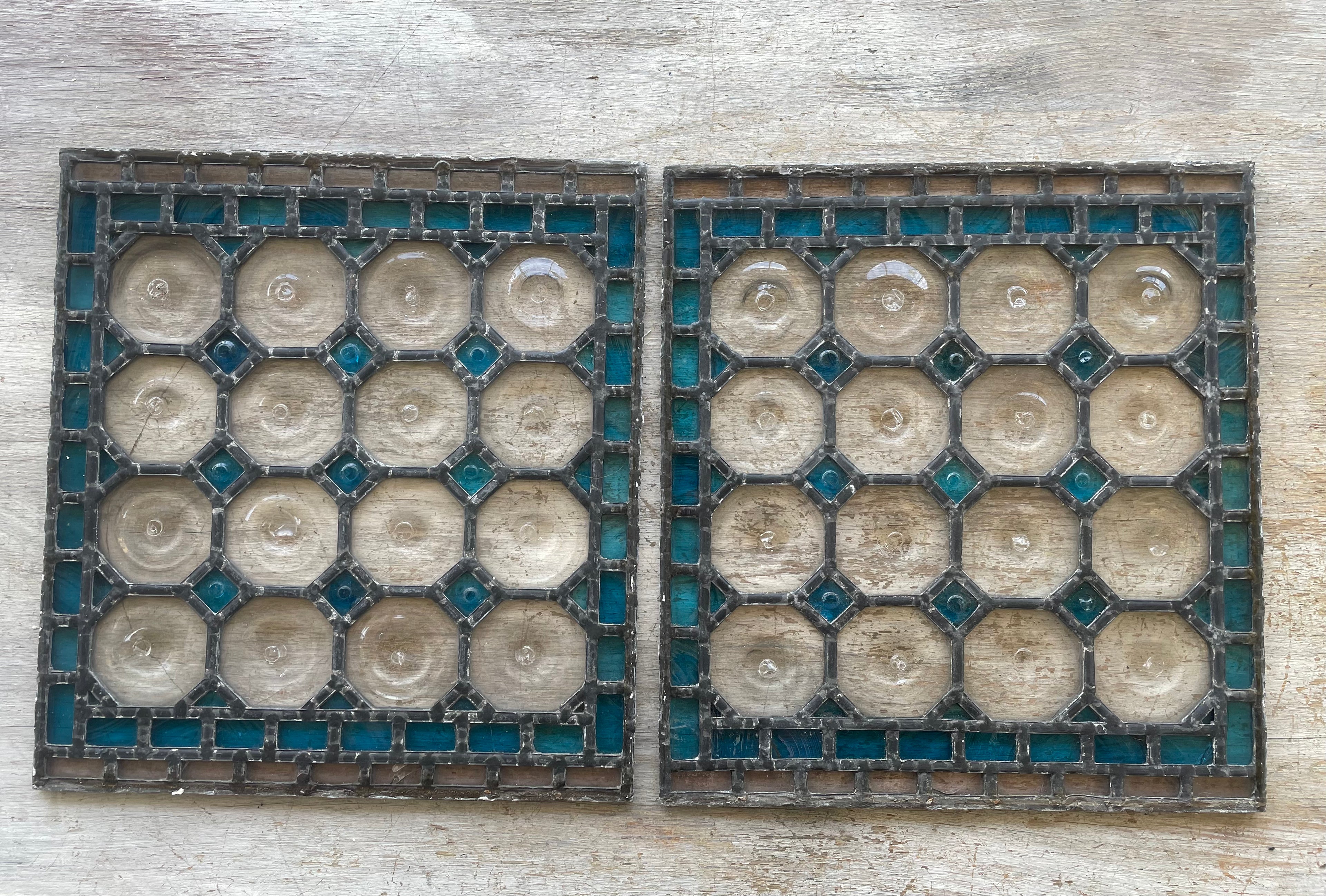 Matched Pair Antique Leaded Glass Panels With Turquoise Glass & Clear Bullesye Roundels