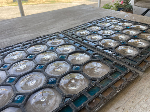 Matched Pair Antique Leaded Glass Panels With Turquoise Glass & Clear Bullesye Roundels