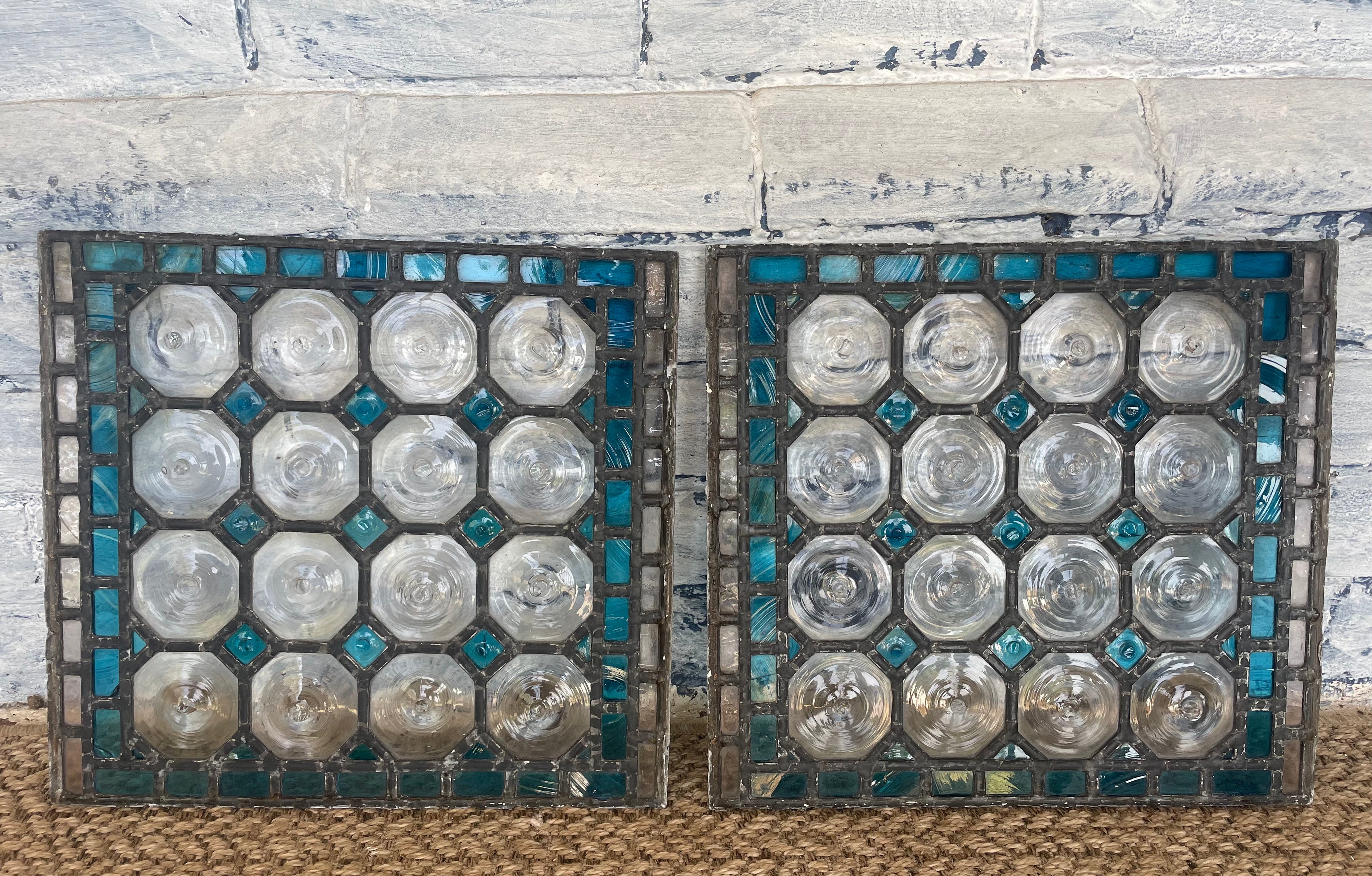 Matched Pair Antique Leaded Glass Panels With Turquoise Glass & Clear Bullesye Roundels