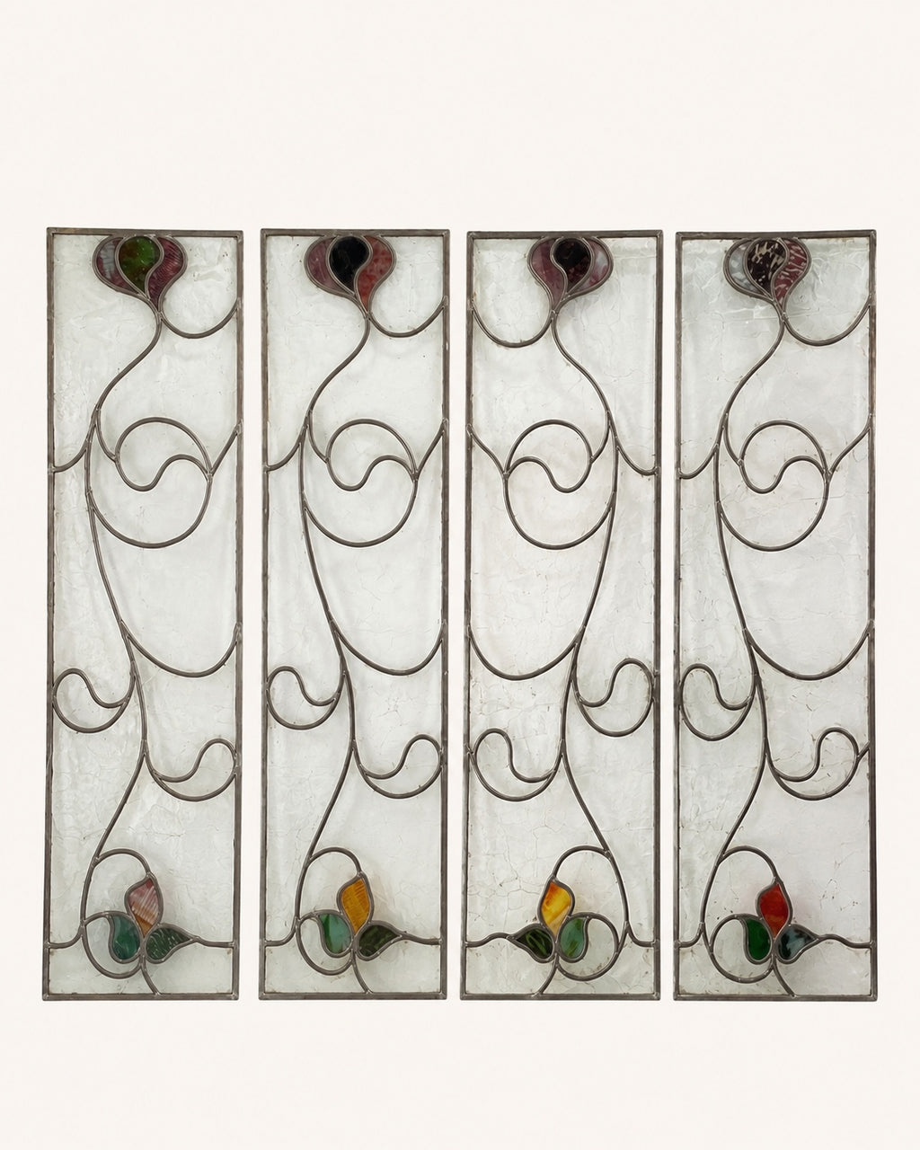 Set of Four Antique Art Nouveau Leaded Glass Panels