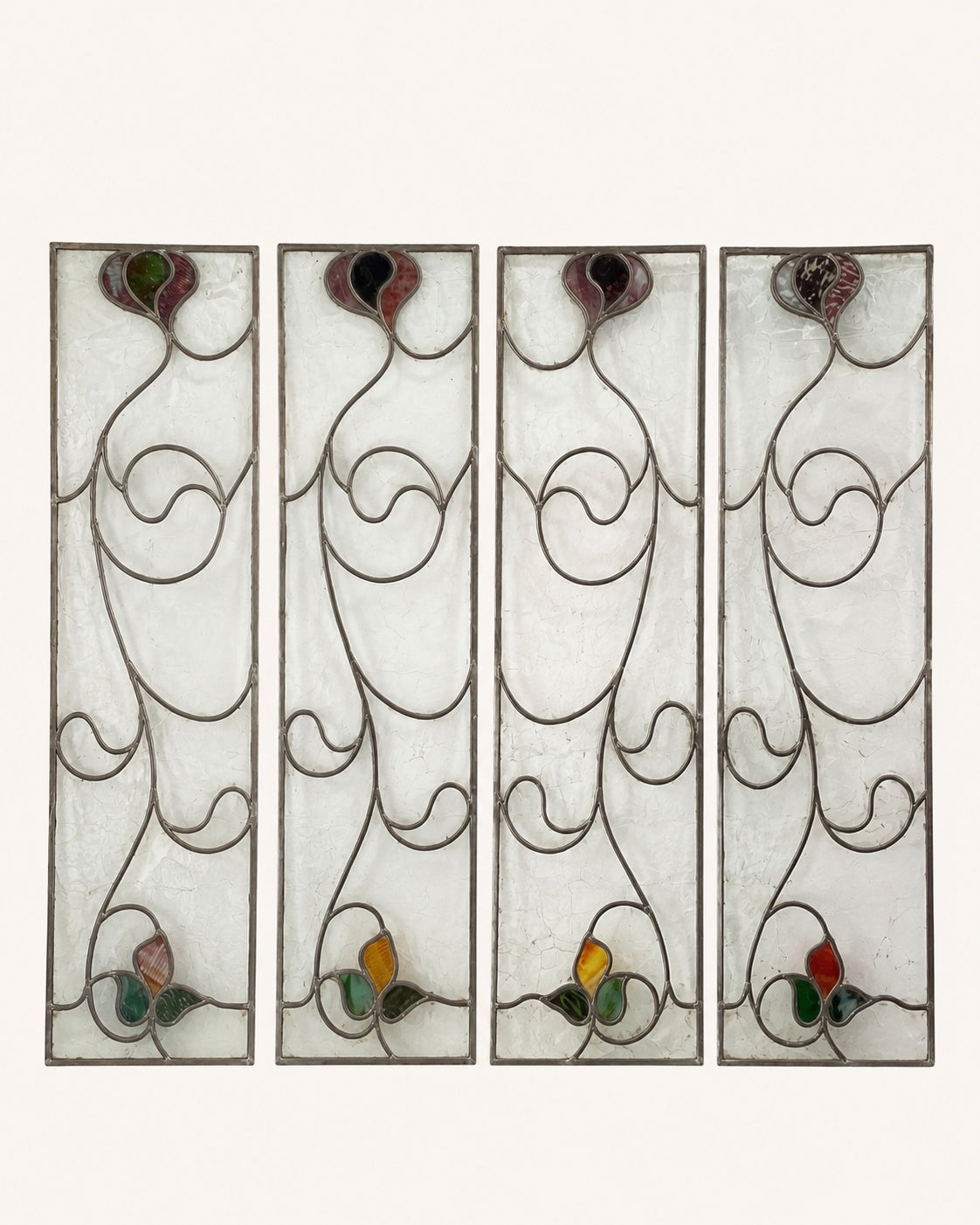 Set of Four Antique Art Nouveau Leaded Glass Panels