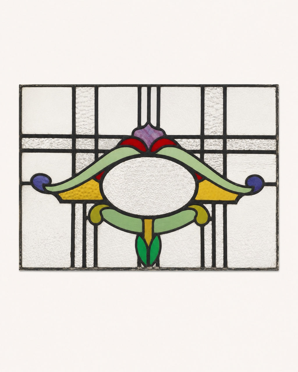 Antique Art Nouveau Stained Glass Panel - Green Amber & Purple | H49 x W76cm