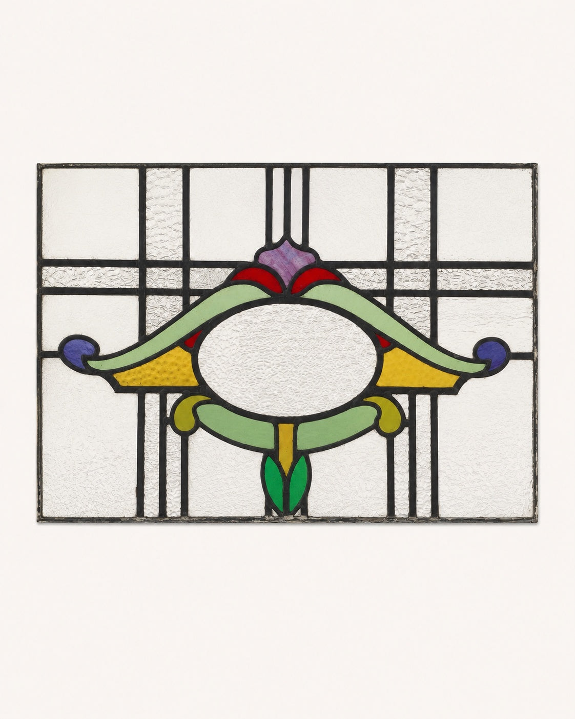 Antique Art Nouveau Stained Glass Panel - Green Amber & Purple | H49 x W76cm