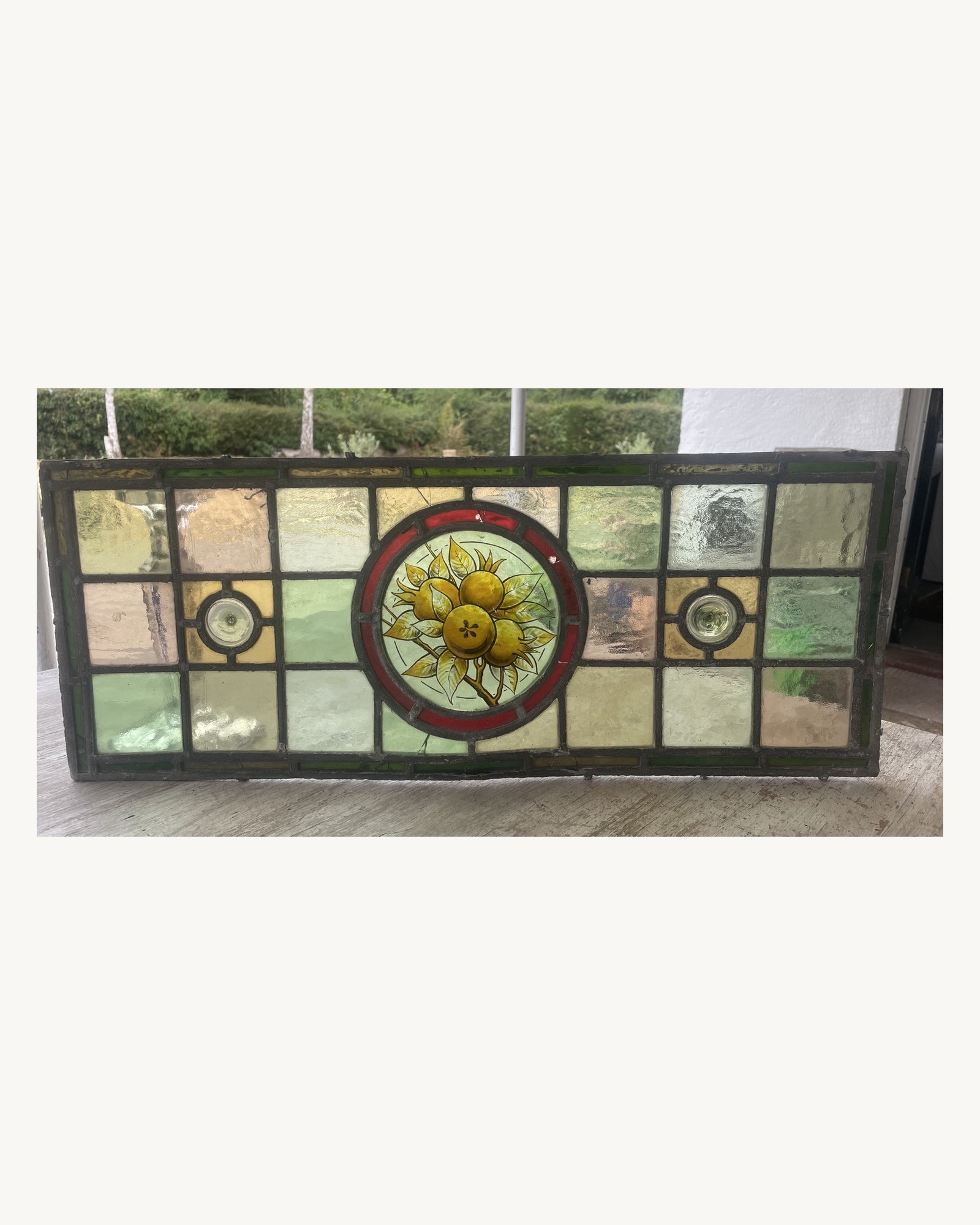 Antique British Stained Glass Fruit Roundel Panel - c.1890 | 25 x 63cm