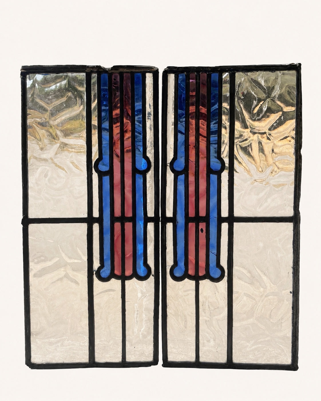 Pair Antique Art Deco Leaded Glass Panels - Cobalt Blue & Mauve | H50 x W22cm Each