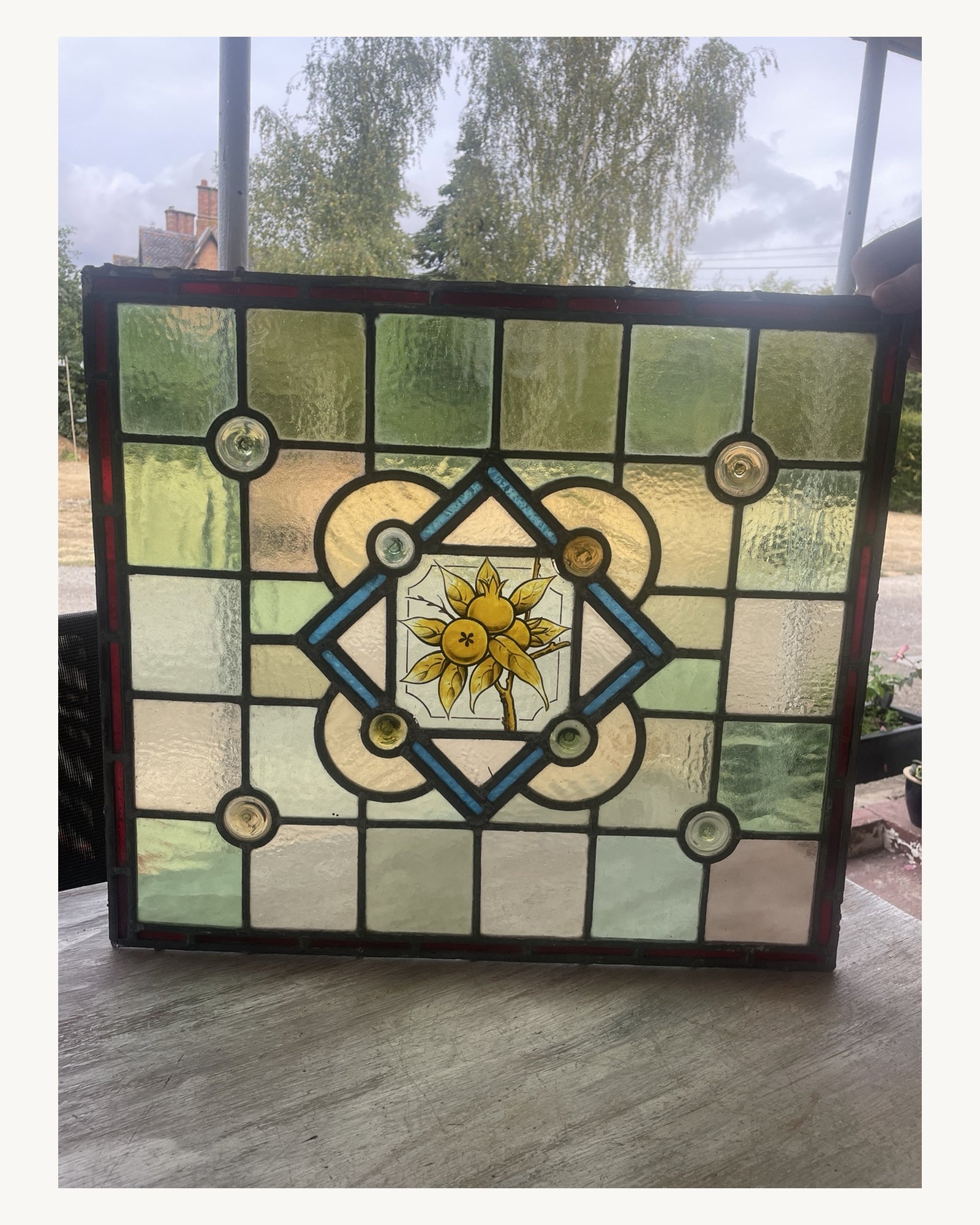 Antique Victorian Stained Glass Panel with Painted Fruit Motif c.1890 - 51.5 x 57.5cm
