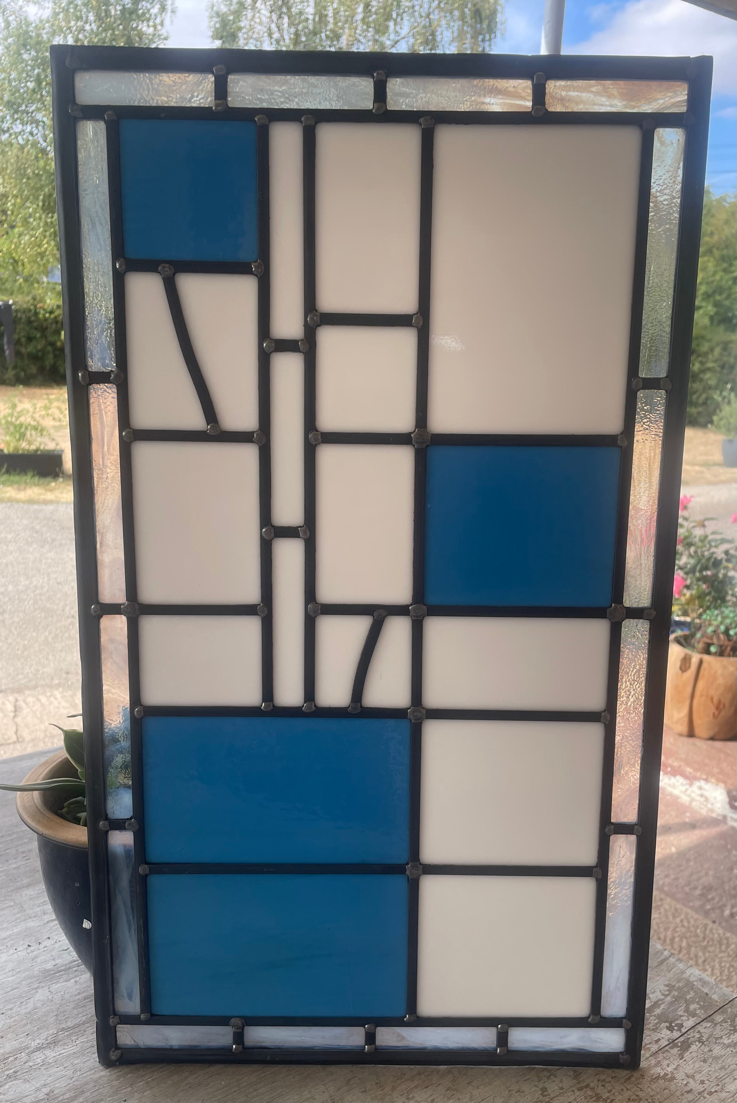 Modernist Geometric Leaded Glass Panel in Blue and White