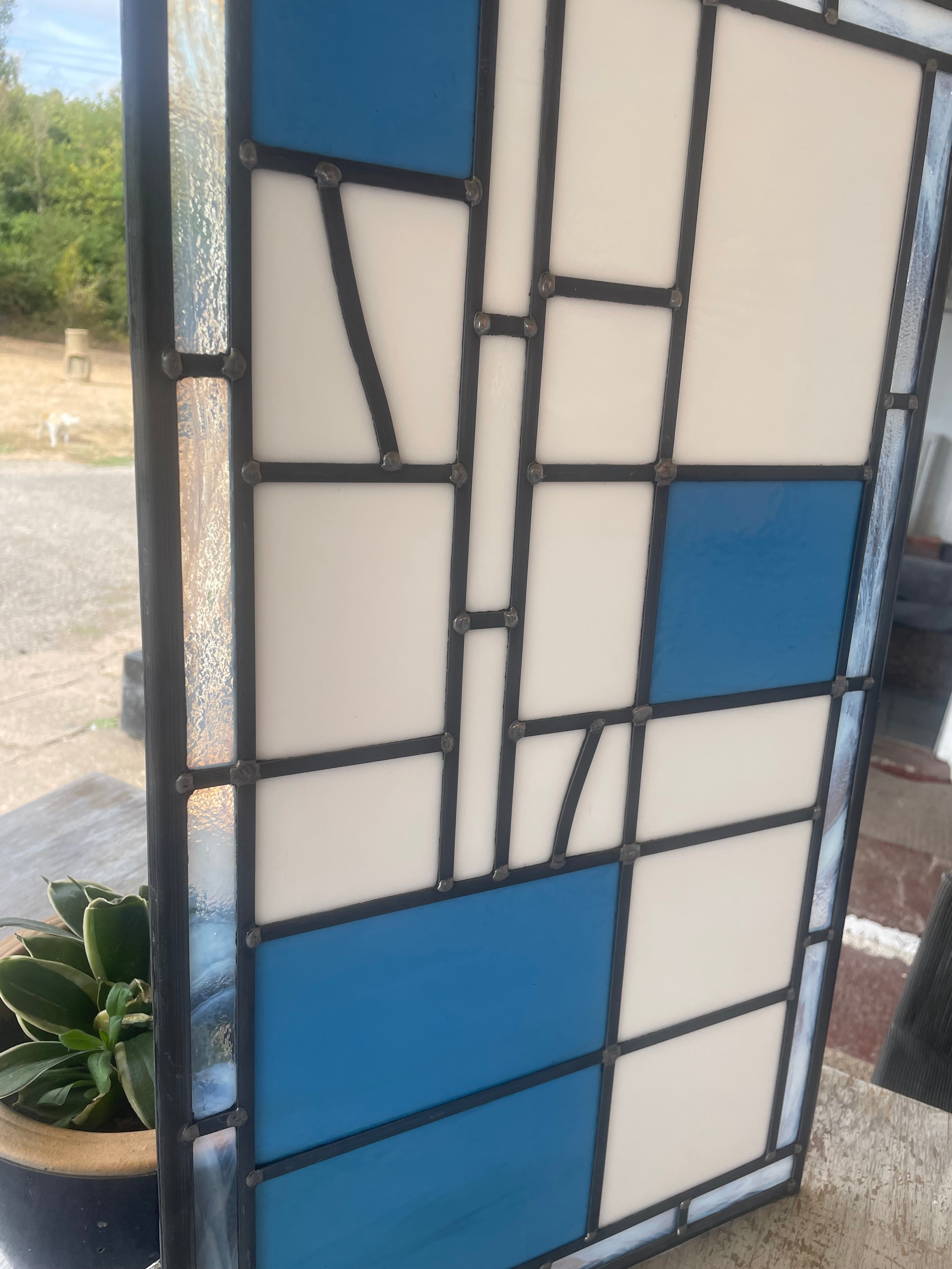 Modernist Geometric Leaded Glass Panel in Blue and White