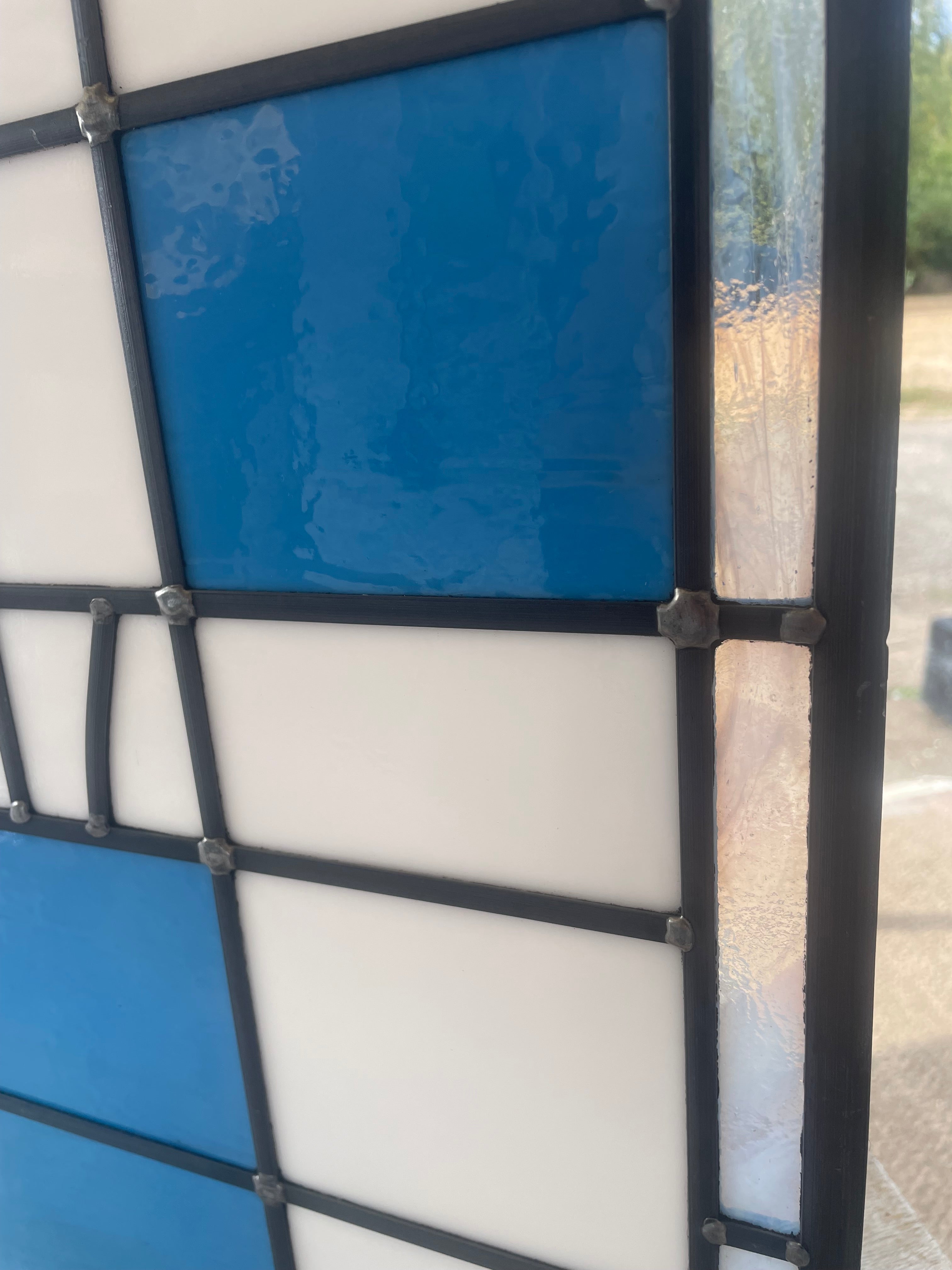 Modernist Geometric Leaded Glass Panel in Blue and White