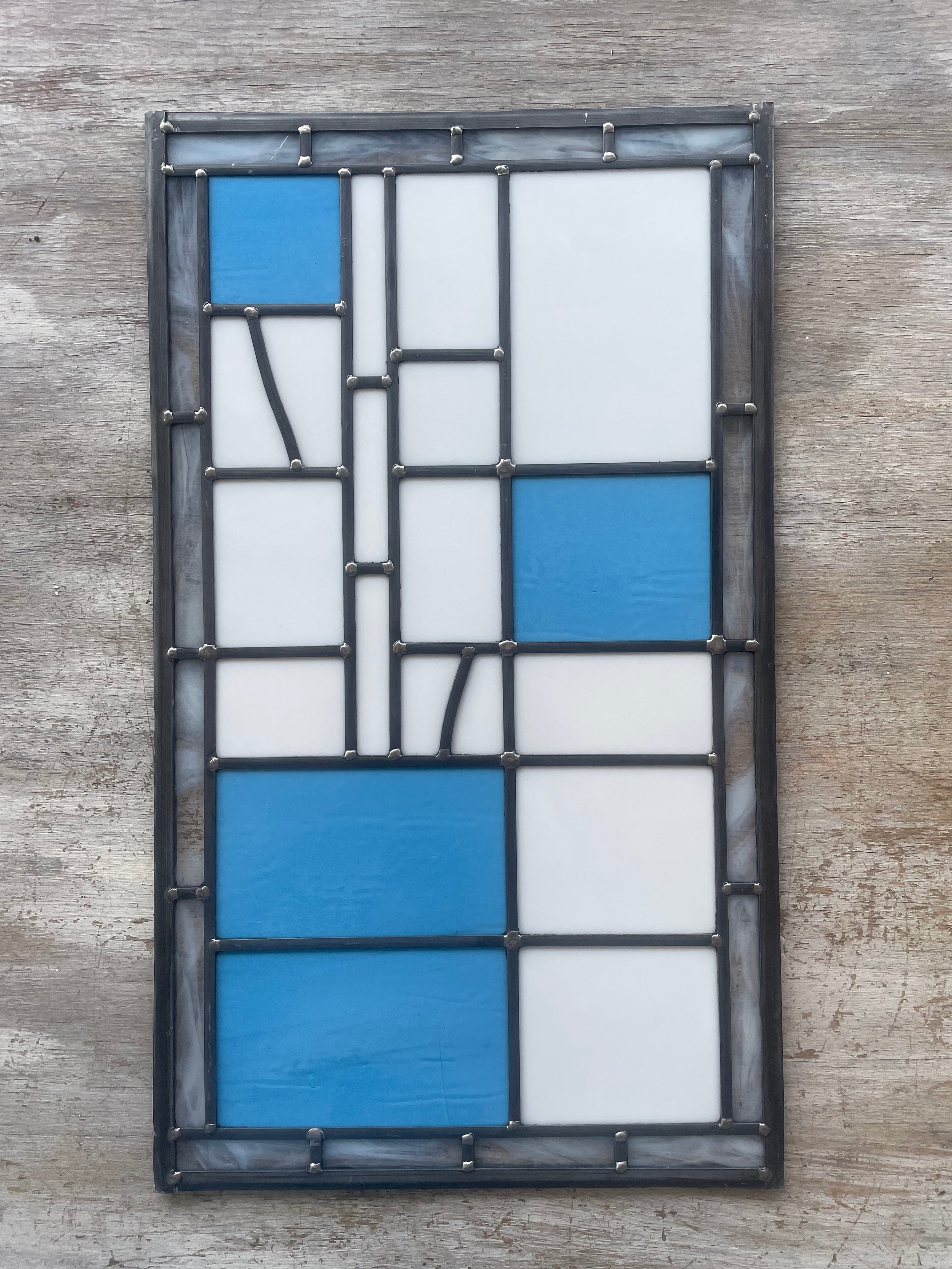 Modernist Geometric Leaded Glass Panel in Blue and White