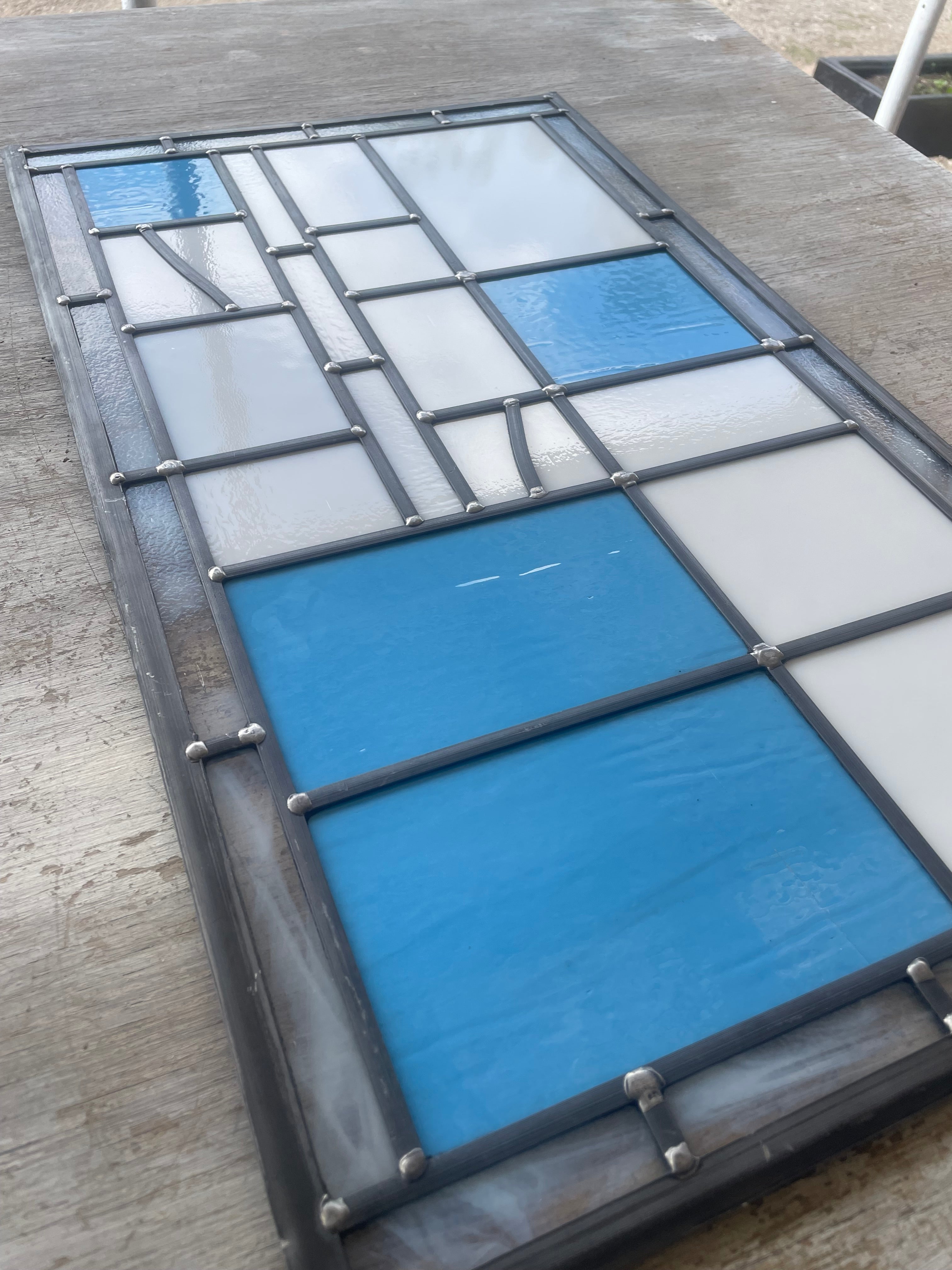 Modernist Geometric Leaded Glass Panel in Blue and White