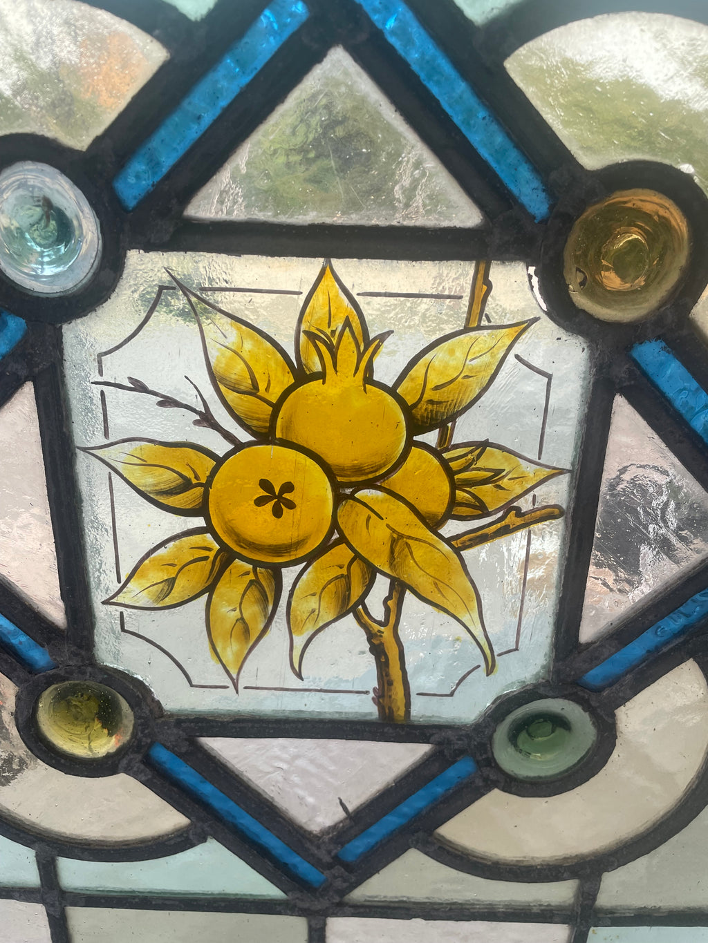 Antique Victorian Stained Glass Panel with Painted Fruit Motif c.1890 - 51.5 x 57.5cm