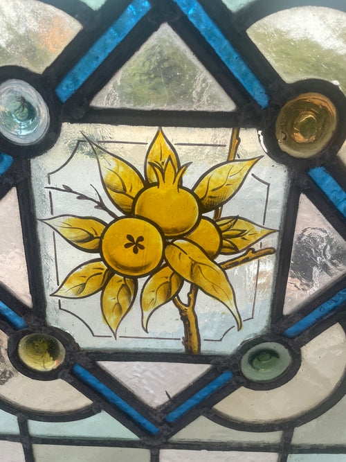 Antique Victorian Stained Glass Panel with Painted Fruit Motif c.1890 - 51.5 x 57.5cm