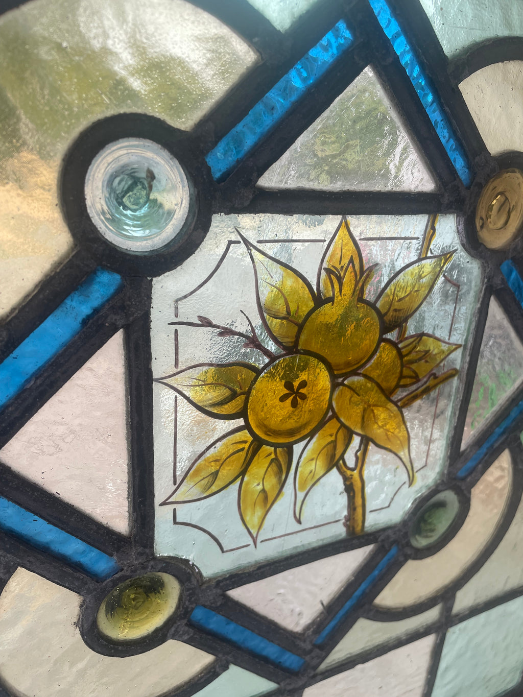 Antique Victorian Stained Glass Panel with Painted Fruit Motif c.1890 - 51.5 x 57.5cm