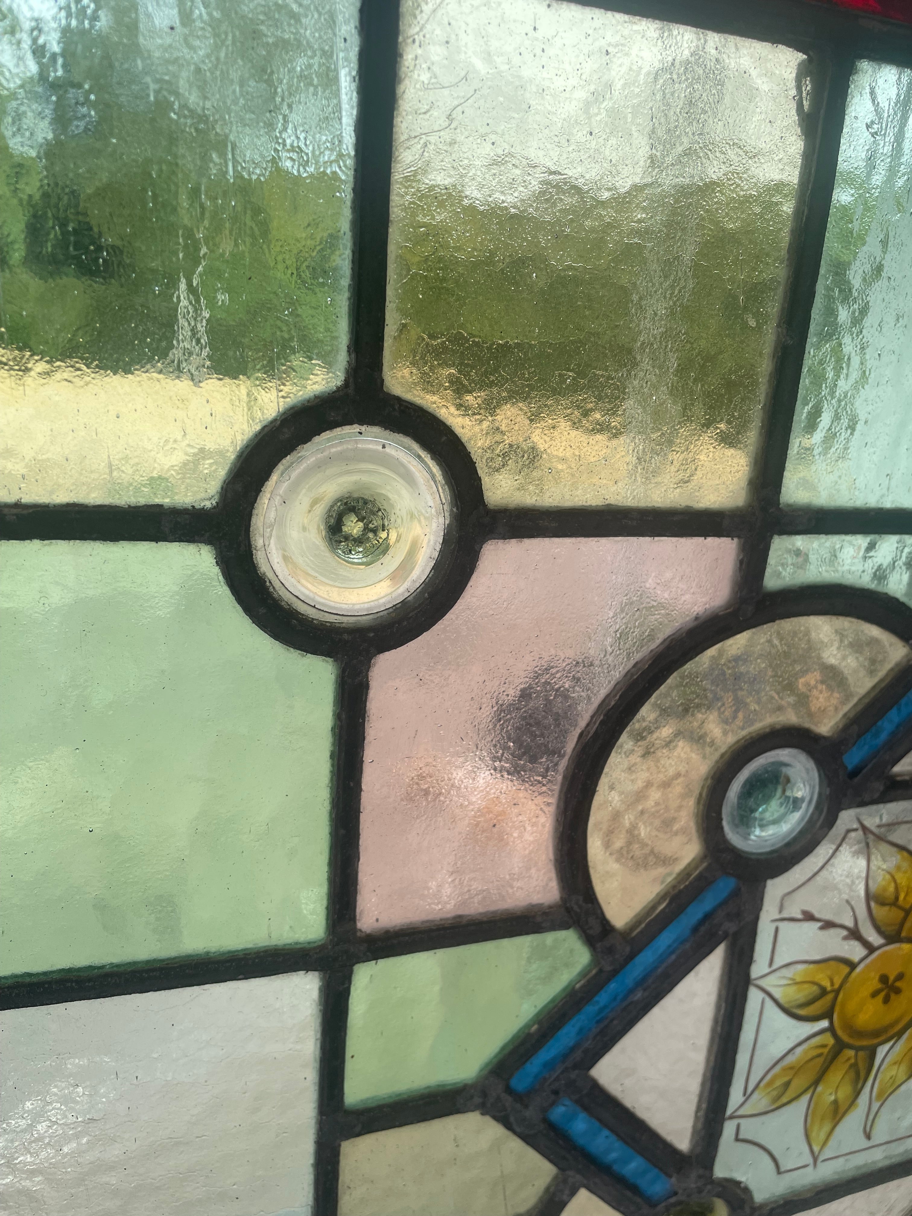Antique Victorian Stained Glass Panel with Painted Fruit Motif c.1890 - 51.5 x 57.5cm