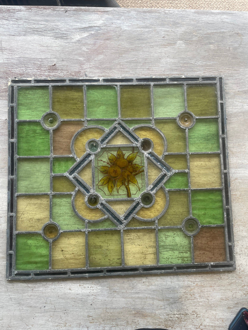 Antique Victorian Stained Glass Panel with Painted Fruit Motif c.1890 - 51.5 x 57.5cm