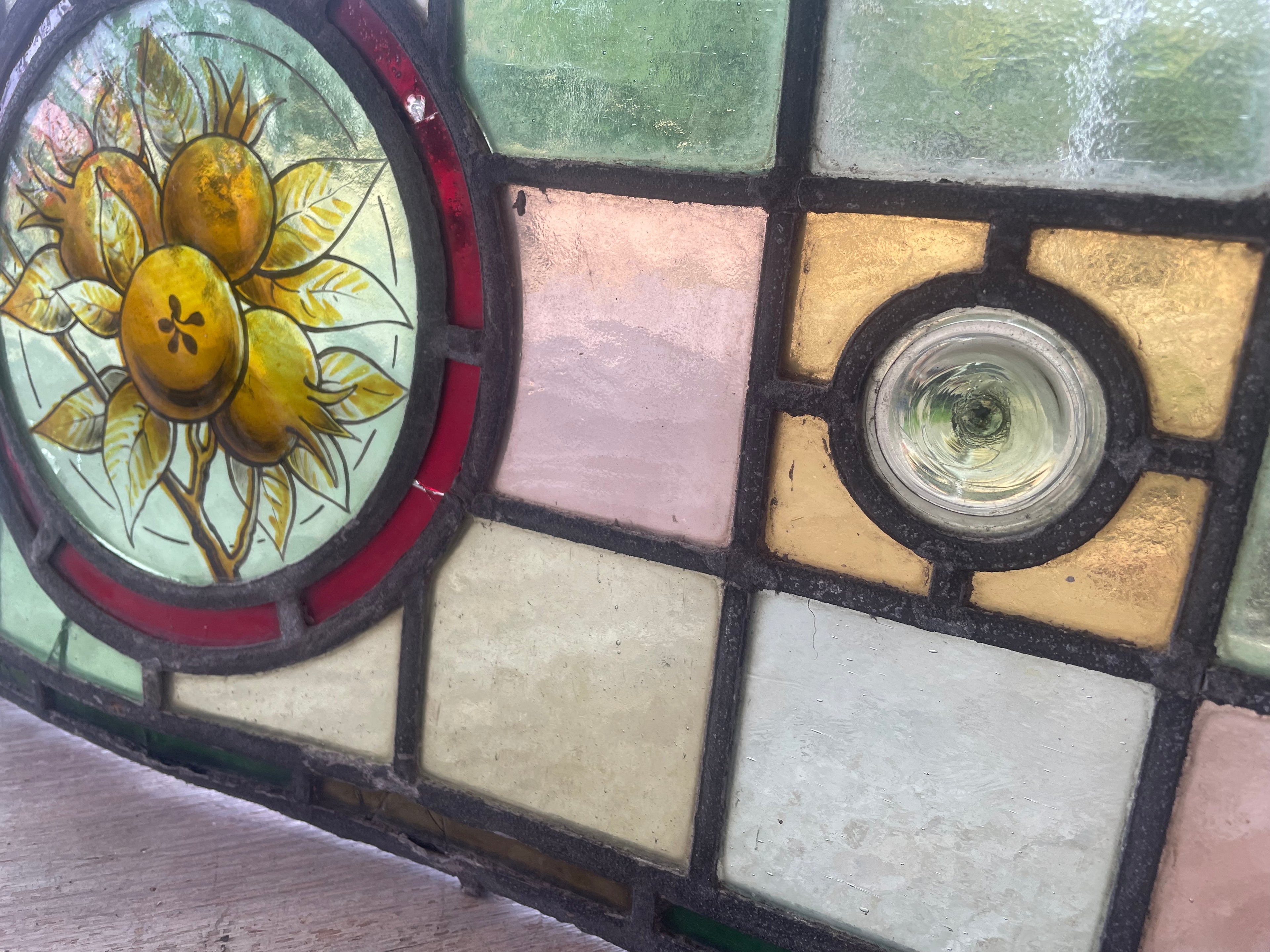 Antique British Stained Glass Fruit Roundel Panel - c.1890 | 25 x 63cm