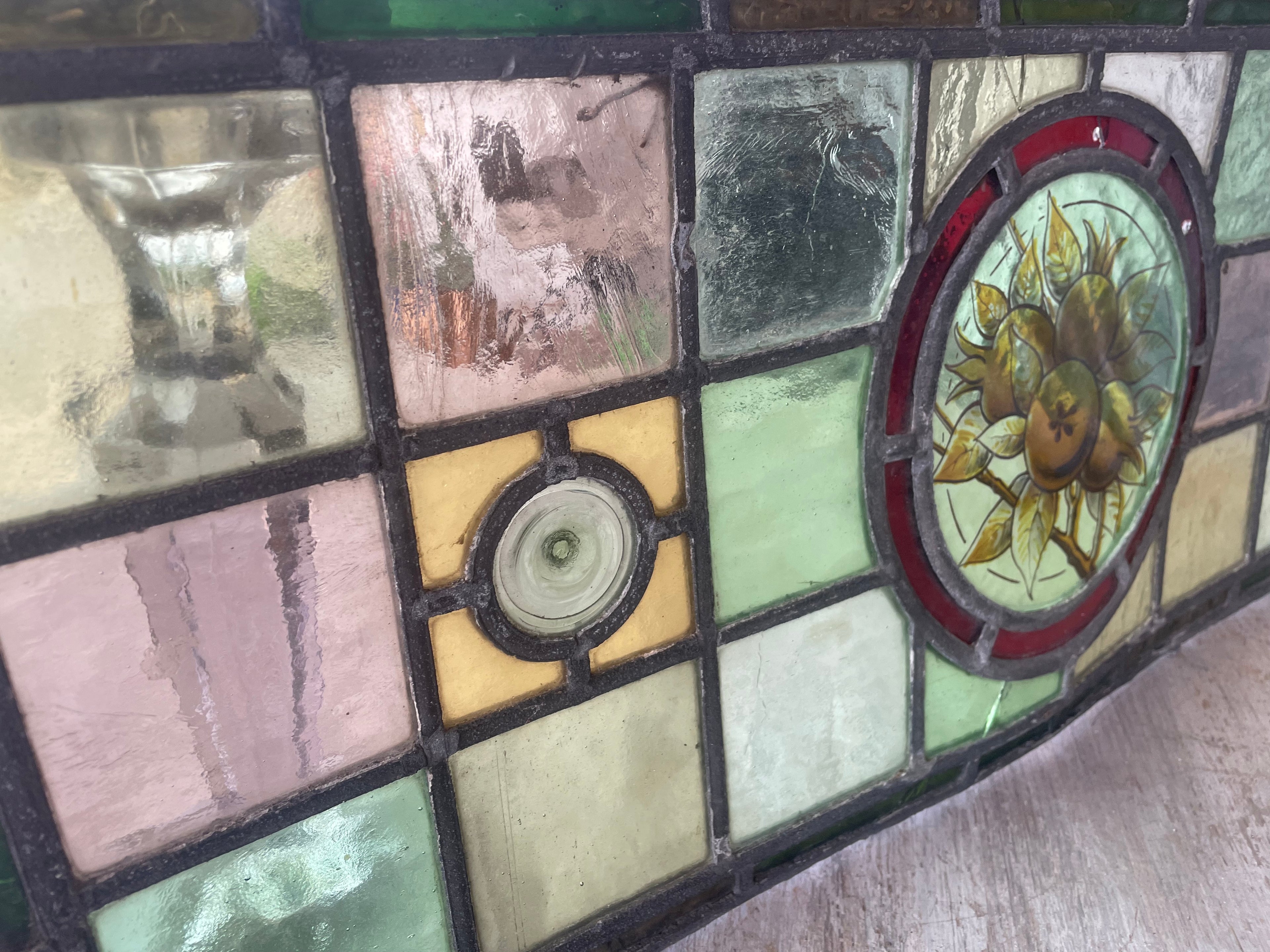 Antique British Stained Glass Fruit Roundel Panel - c.1890 | 25 x 63cm