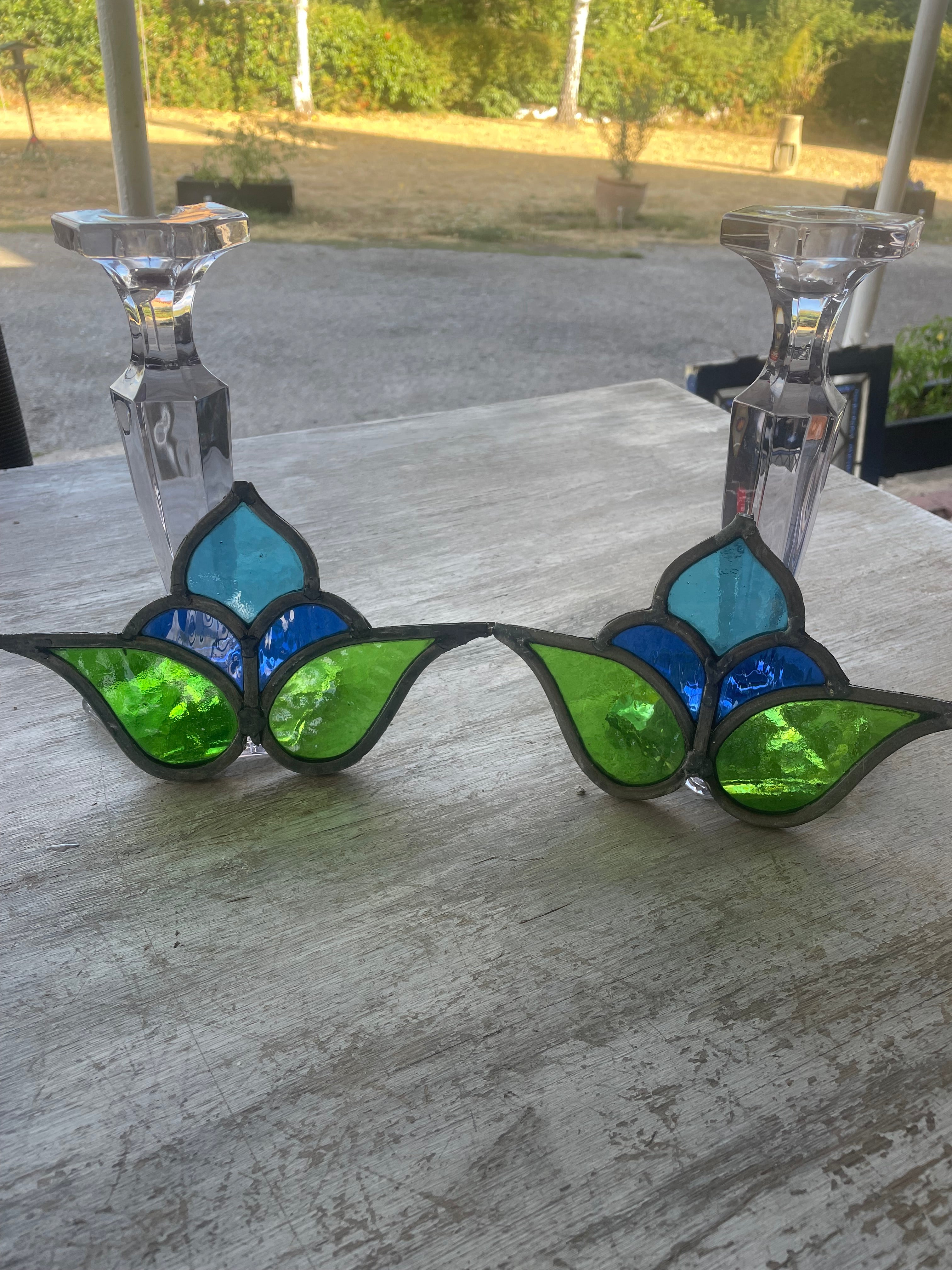 Pair of Antique Art Nouveau Stained Glass Floral Panels - Green, Blue and Turquoise | H12 x W20cm each