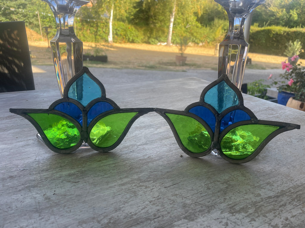 Pair of Antique Art Nouveau Stained Glass Floral Panels - Green, Blue and Turquoise | H12 x W20cm each