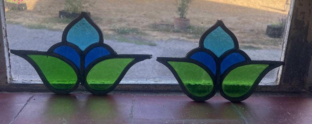 Pair of Antique Art Nouveau Stained Glass Floral Panels - Green, Blue and Turquoise | H12 x W20cm each