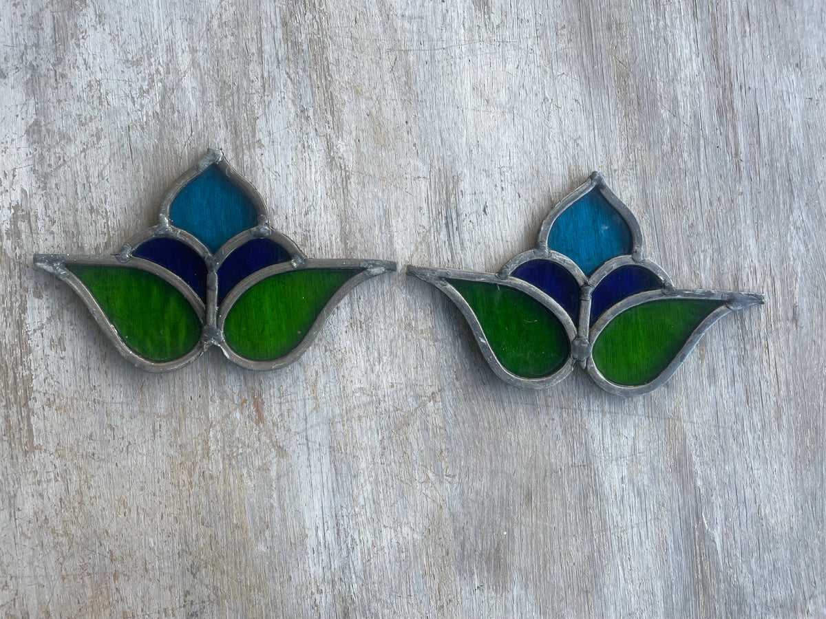 Pair of Antique Art Nouveau Stained Glass Floral Panels - Green, Blue and Turquoise | H12 x W20cm each