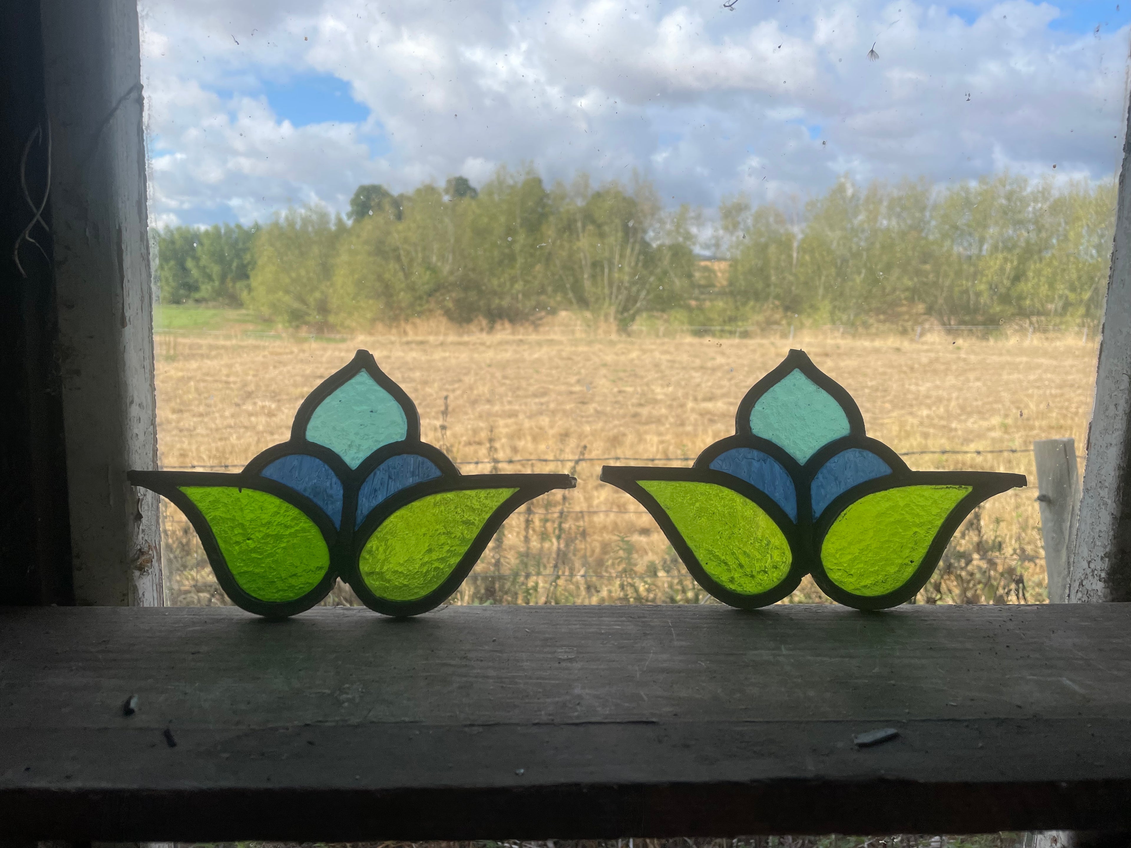 Pair of Antique Art Nouveau Stained Glass Floral Panels - Green, Blue and Turquoise | H12 x W20cm each