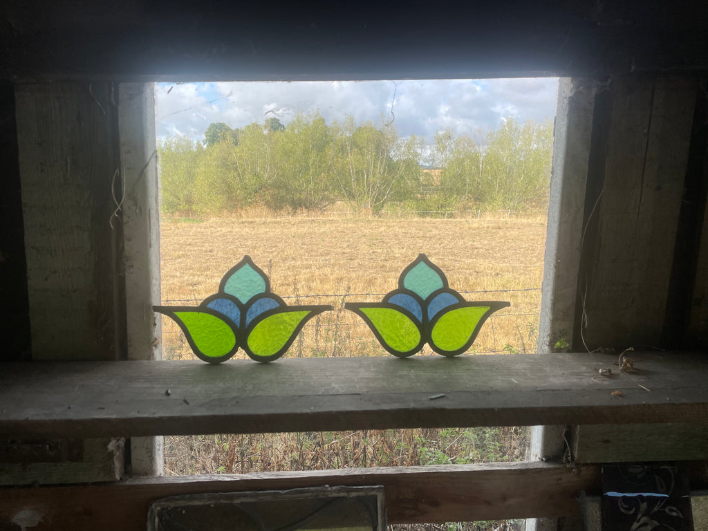 Pair of Antique Art Nouveau Stained Glass Floral Panels - Green, Blue and Turquoise | H12 x W20cm each