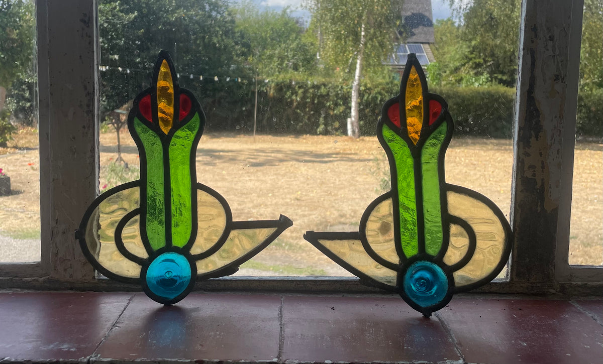 Pair Antique Stained Glass Decorative Inserts c1900 | H26 x W22 each
