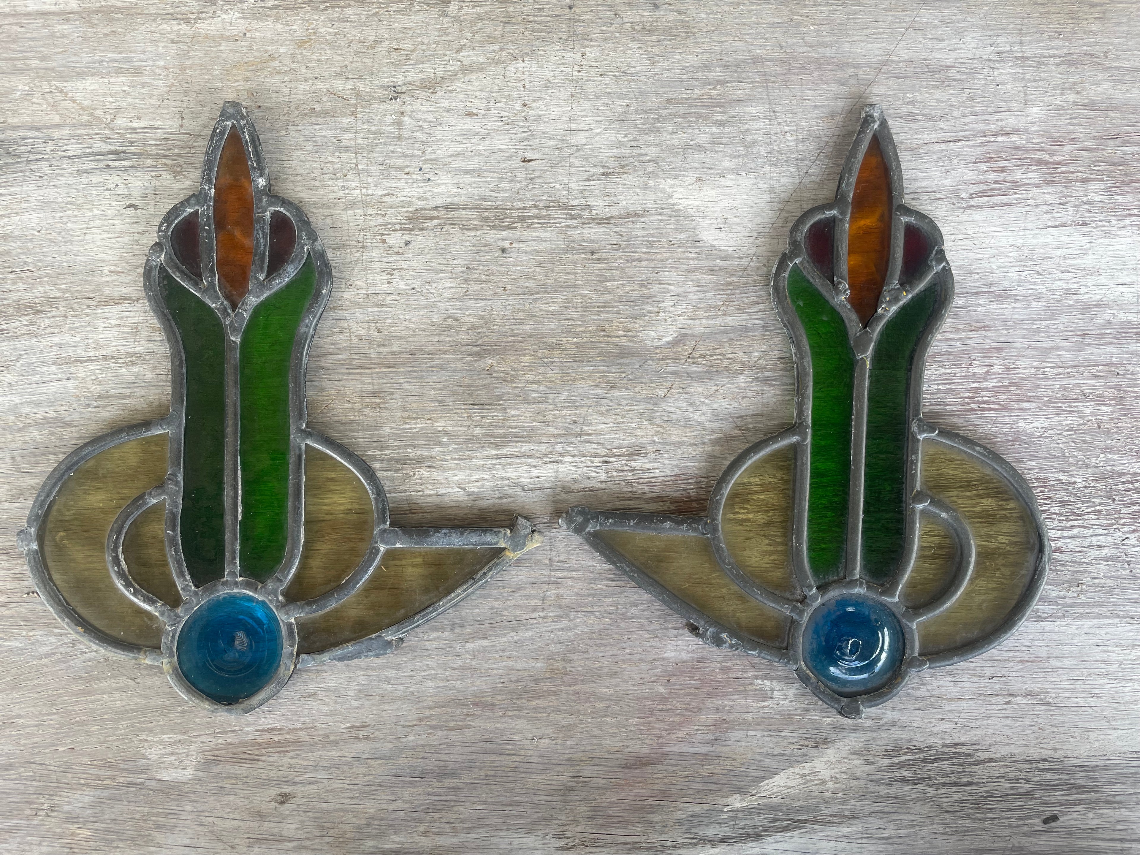 Pair Antique Stained Glass Decorative Inserts c1900 | H26 x W22 each