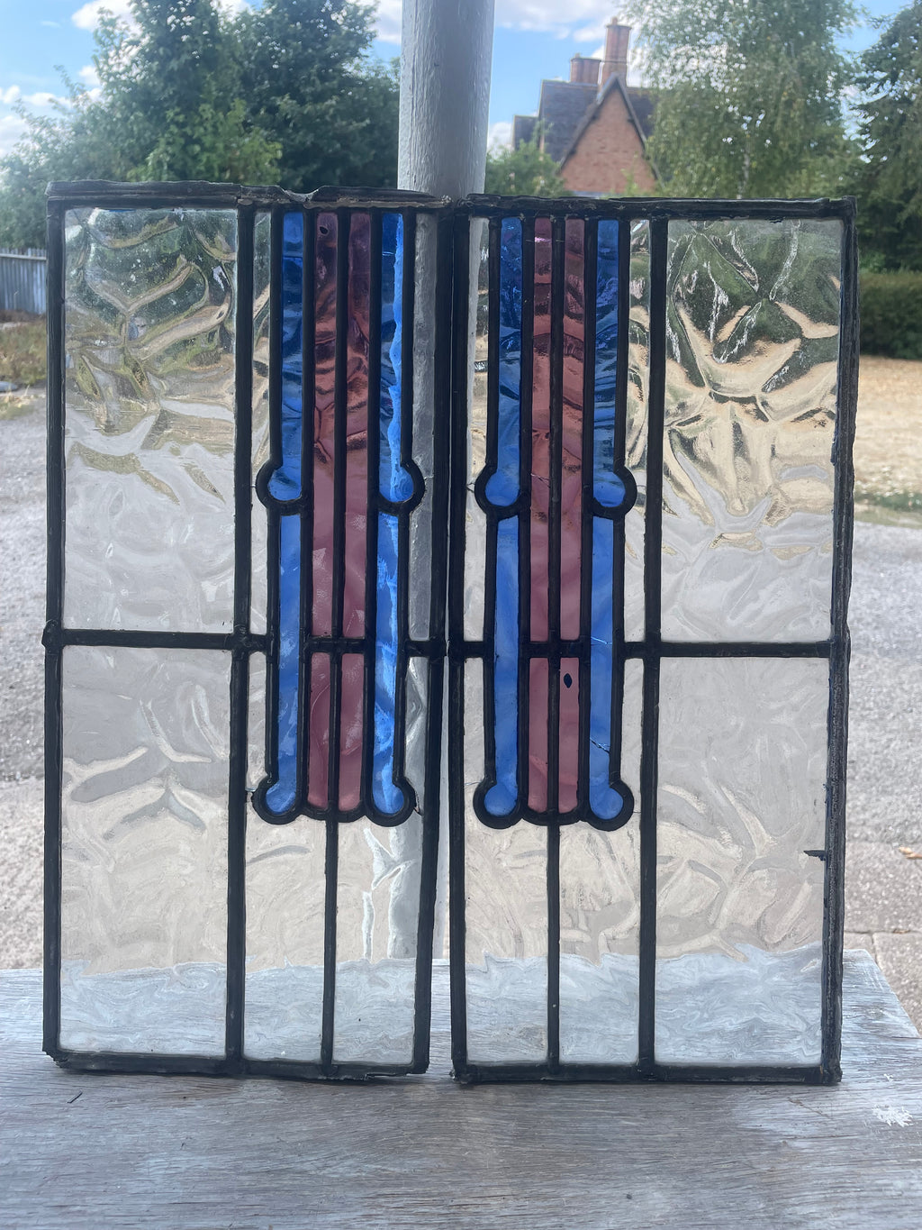 Pair Antique Art Deco Leaded Glass Panels - Cobalt Blue & Mauve | H50 x W22cm Each