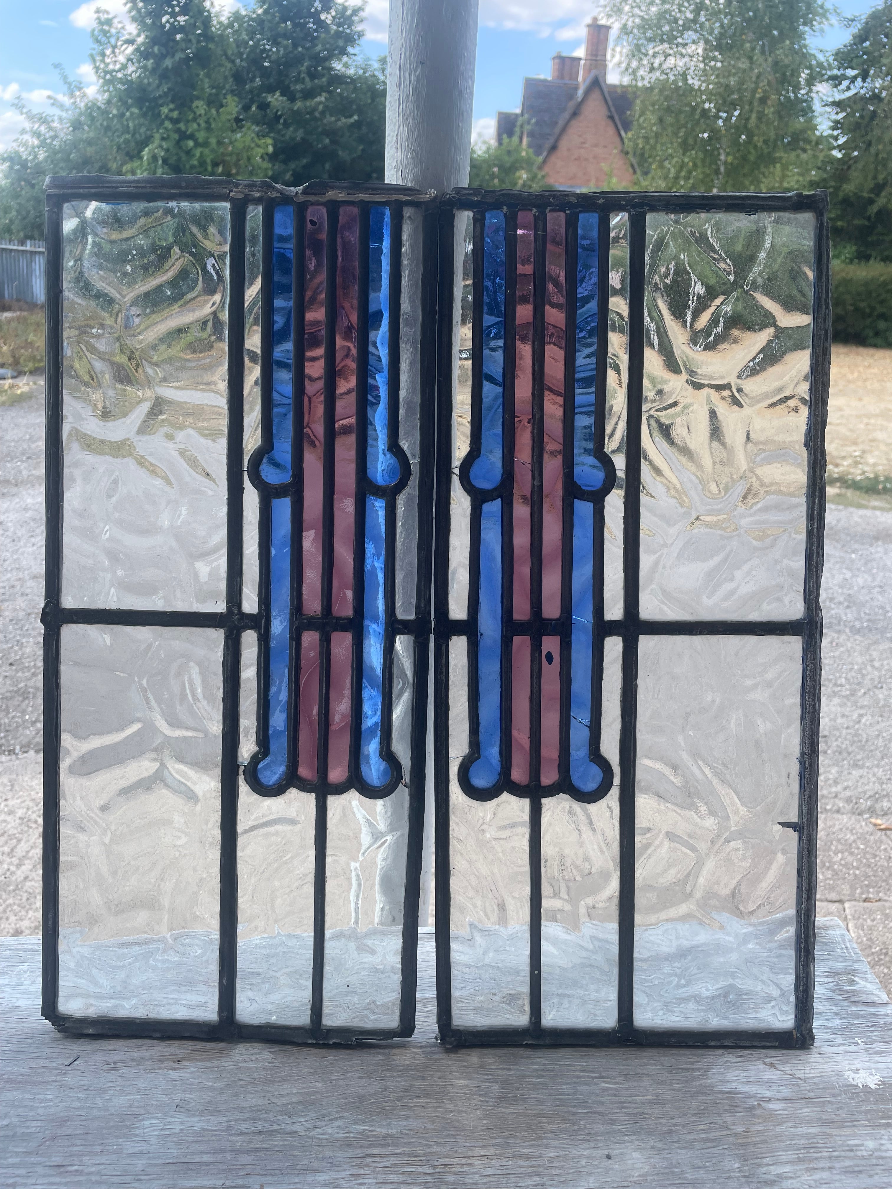 Pair Antique Art Deco Leaded Glass Panels - Cobalt Blue & Mauve | H50 x W22cm Each