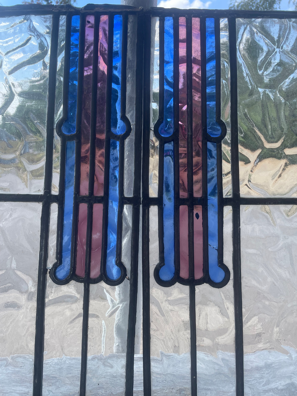 Pair Antique Art Deco Leaded Glass Panels - Cobalt Blue & Mauve | H50 x W22cm Each