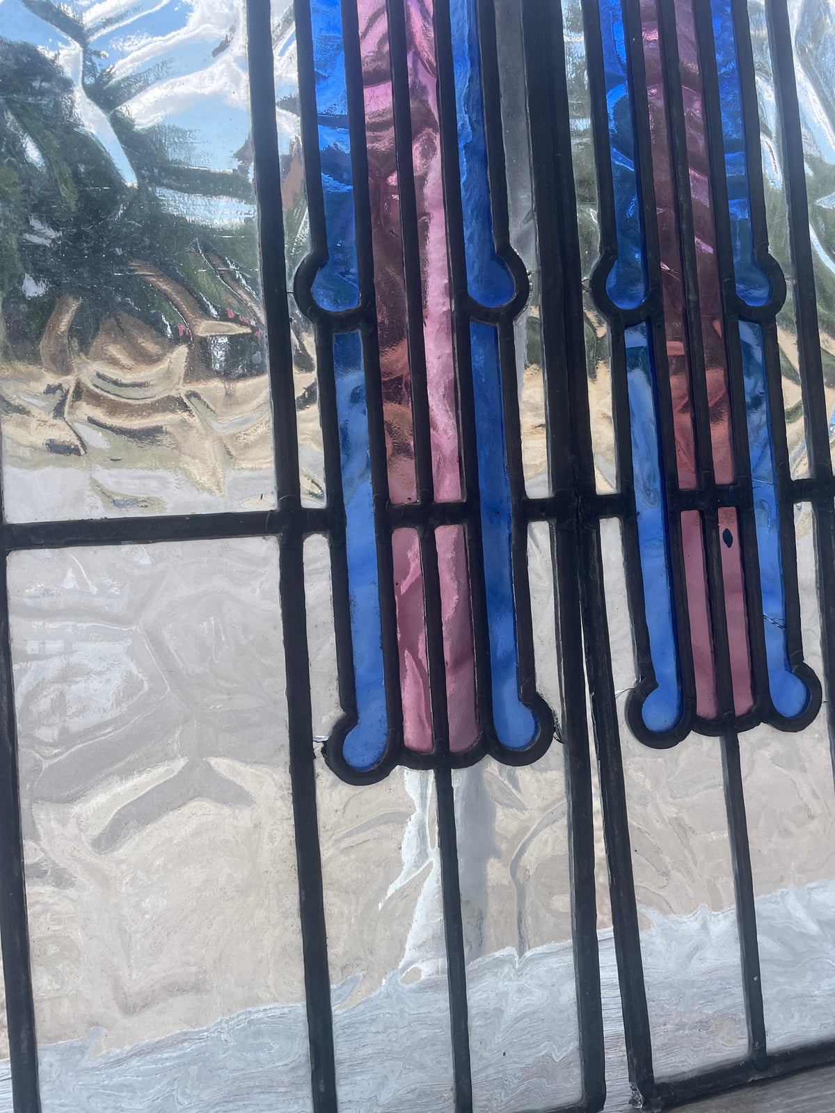 Pair Antique Art Deco Leaded Glass Panels - Cobalt Blue & Mauve | H50 x W22cm Each