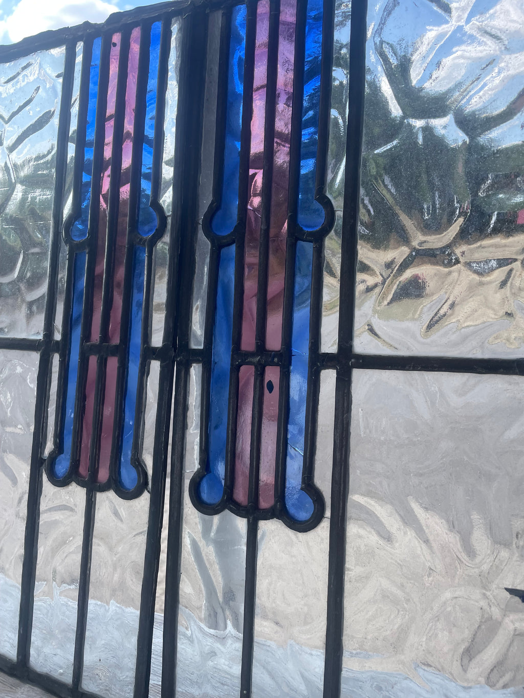 Pair Antique Art Deco Leaded Glass Panels - Cobalt Blue & Mauve | H50 x W22cm Each