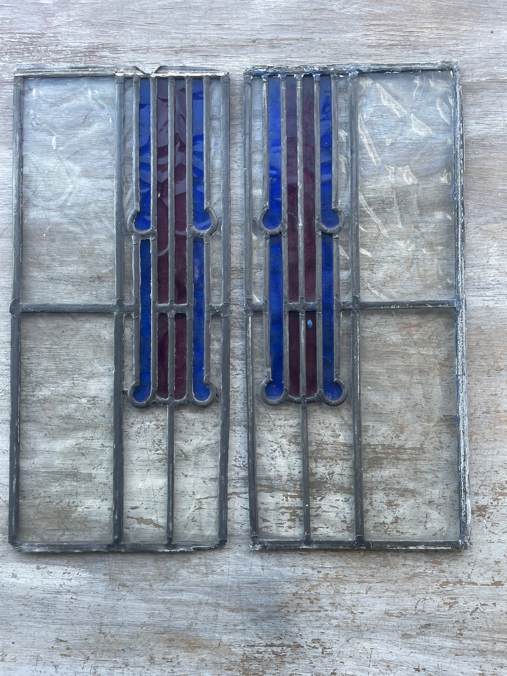 Pair Antique Art Deco Leaded Glass Panels - Cobalt Blue & Mauve | H50 x W22cm Each