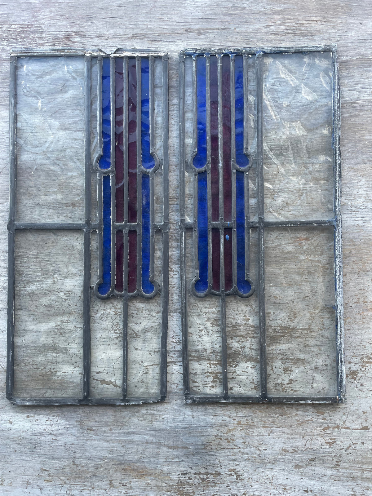 Pair Antique Art Deco Leaded Glass Panels - Cobalt Blue & Mauve | H50 x W22cm Each