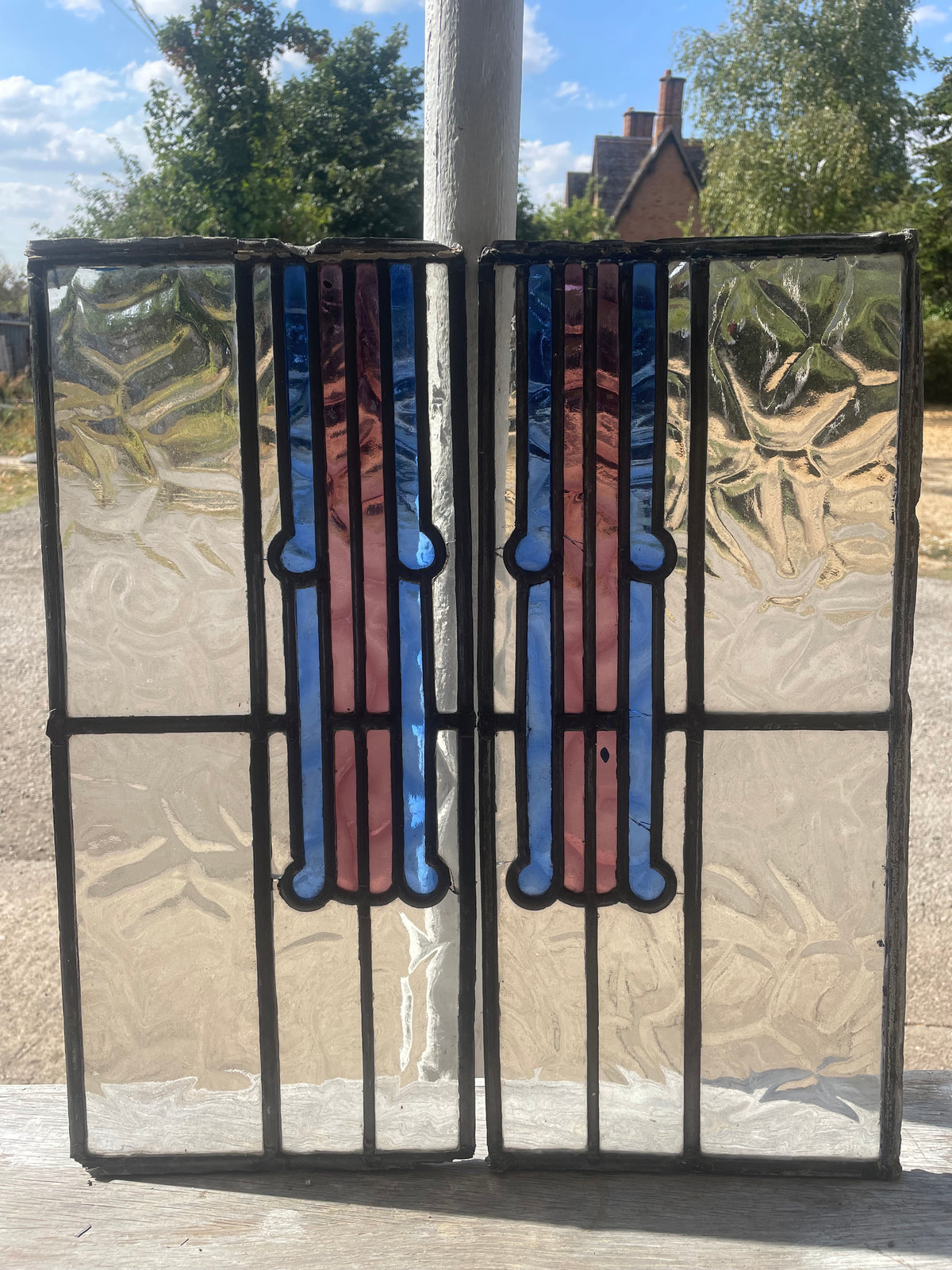 Pair Antique Art Deco Leaded Glass Panels - Cobalt Blue & Mauve | H50 x W22cm Each