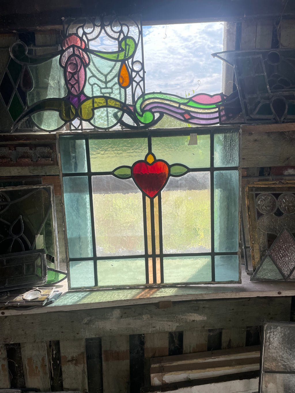 Antique Stained Glass Panel with Red Heart Motif, Arts & Crafts / Art Nouveau | H49 x W54.5cm