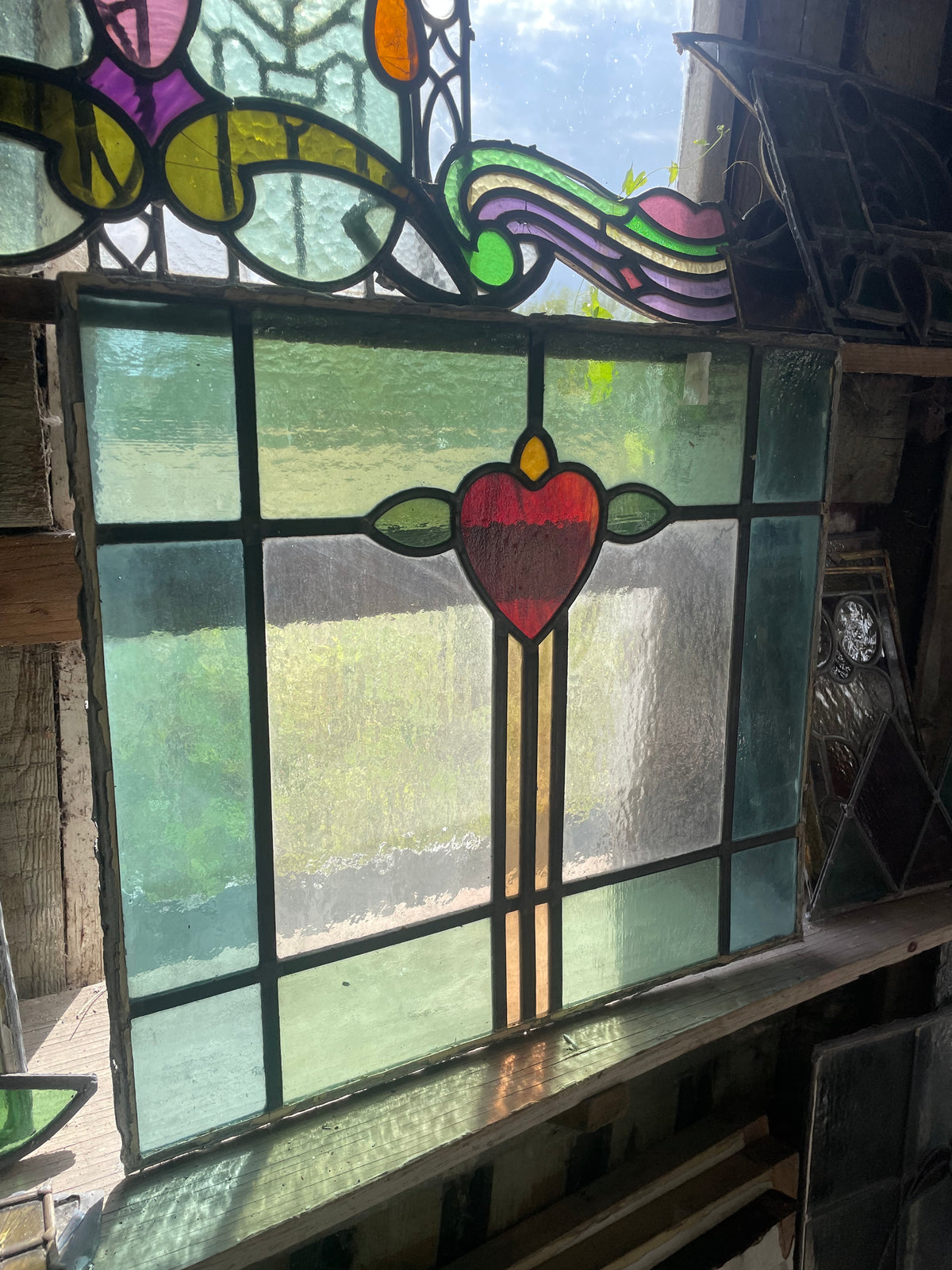 Antique Stained Glass Panel with Red Heart Motif, Arts & Crafts / Art Nouveau | H49 x W54.5cm