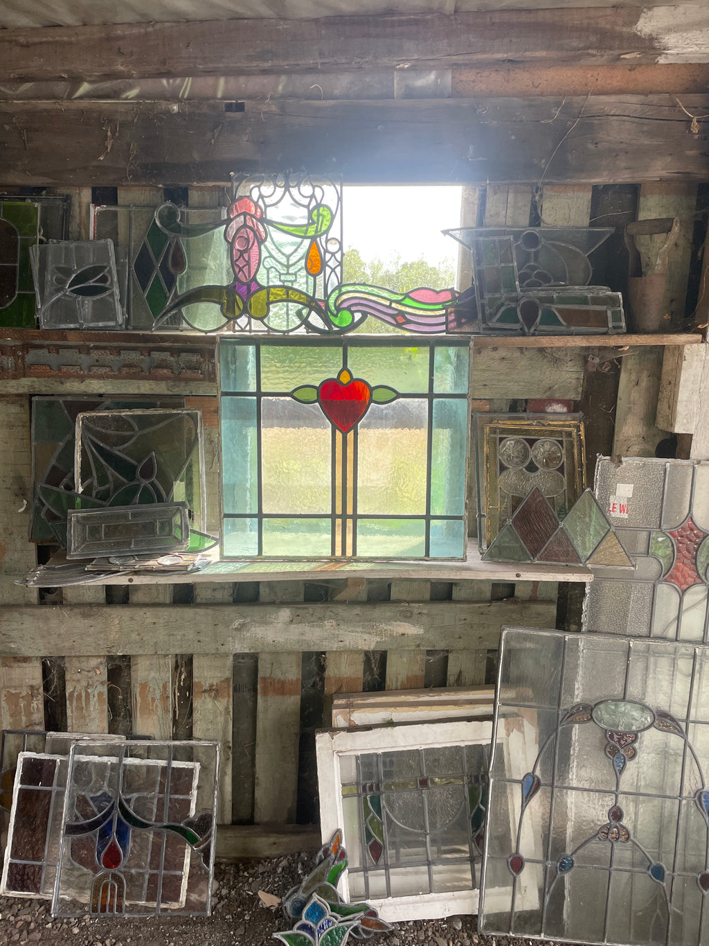 Antique Stained Glass Panel with Red Heart Motif, Arts & Crafts / Art Nouveau | H49 x W54.5cm