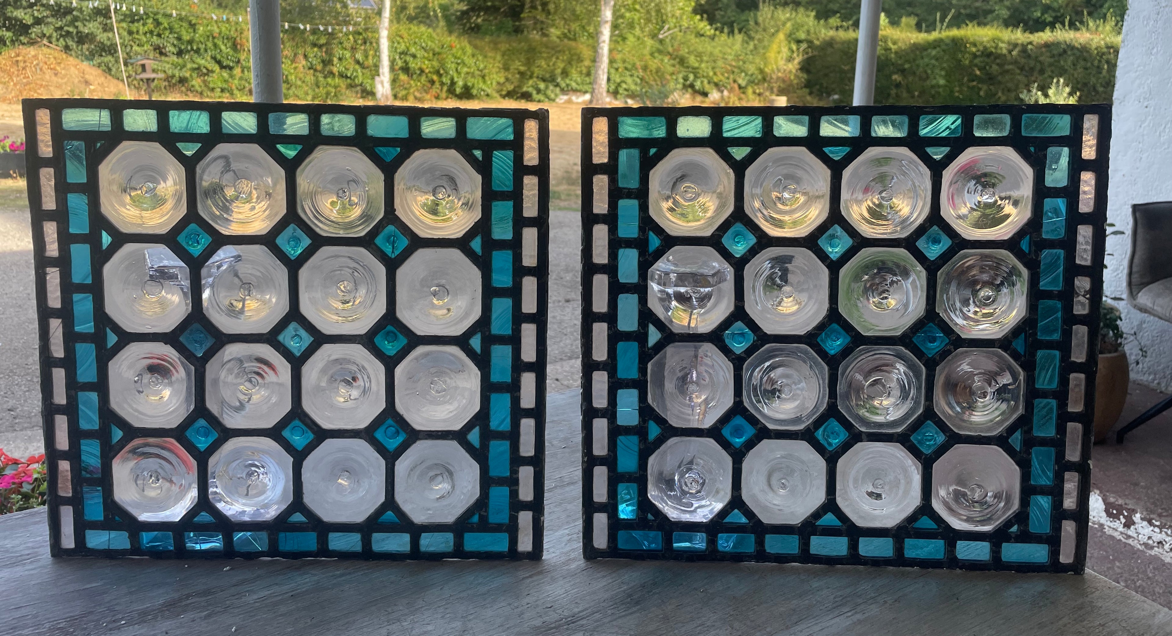 Matched Pair Antique Leaded Glass Panels With Turquoise Glass & Clear Bullesye Roundels