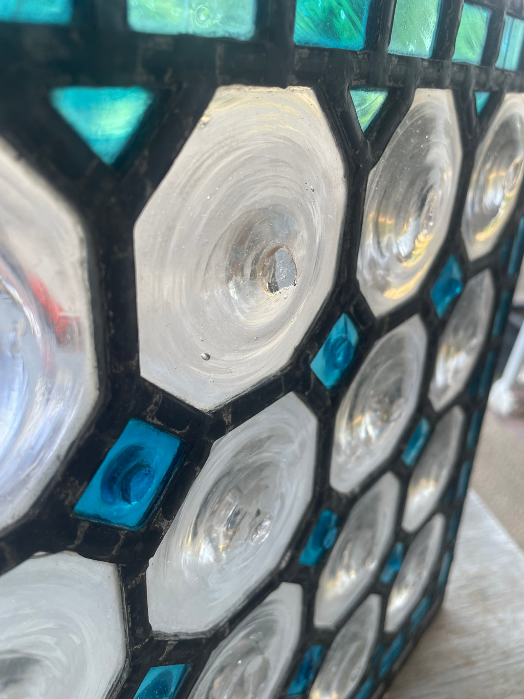 Matched Pair Antique Leaded Glass Panels With Turquoise Glass & Clear Bullesye Roundels
