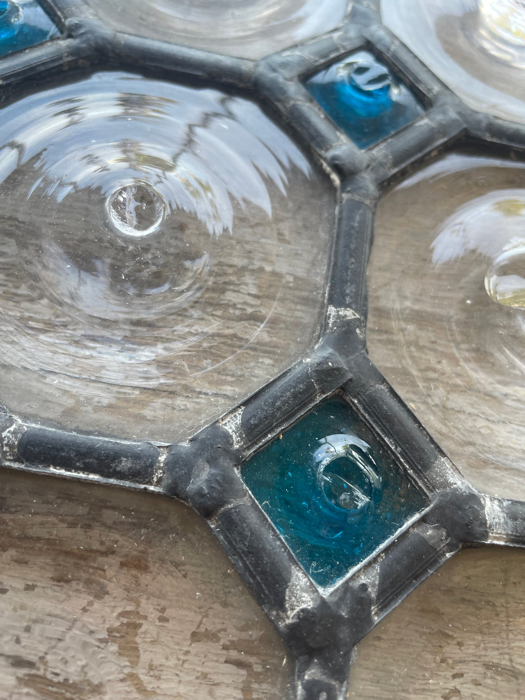 Matched Pair Antique Leaded Glass Panels With Turquoise Glass & Clear Bullesye Roundels