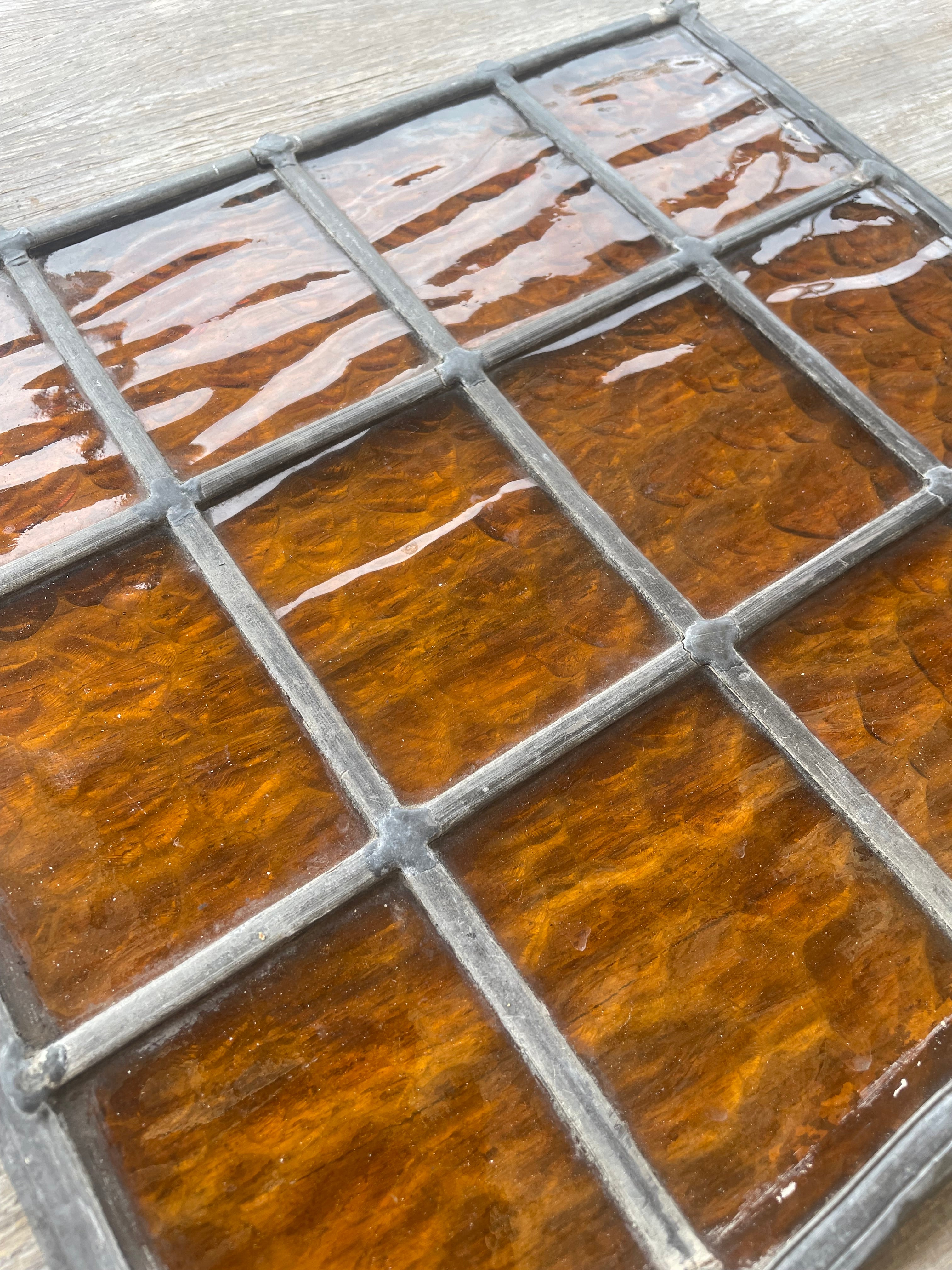 Trio of Antique Amber Textured Leaded Glass Panels c.1900