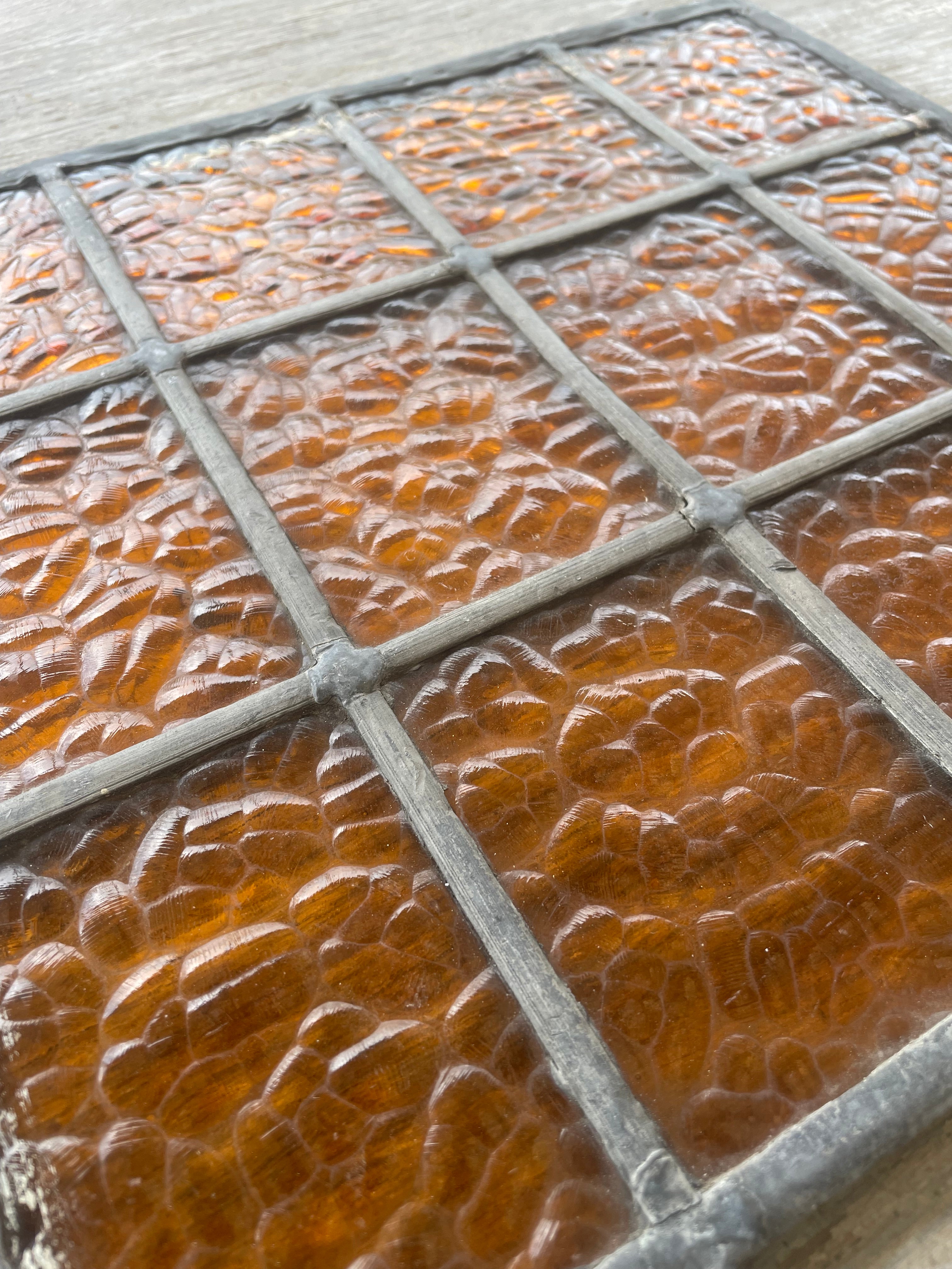 Trio of Antique Amber Textured Leaded Glass Panels c.1900