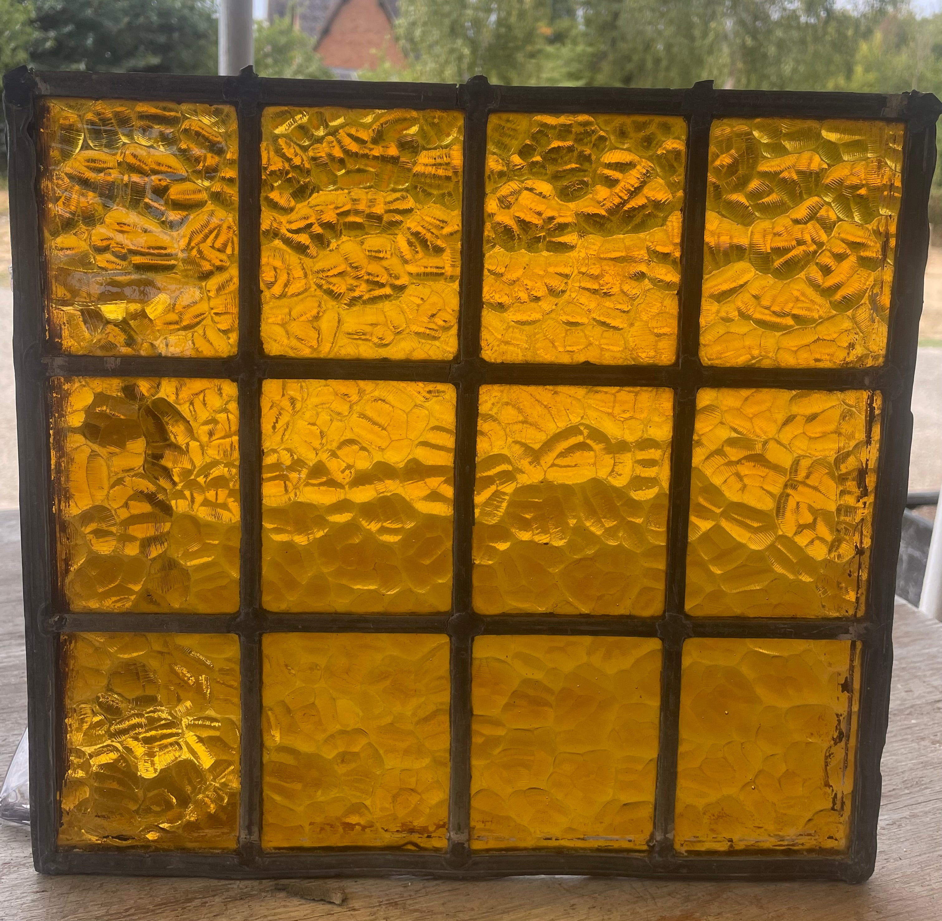 Trio of Antique Amber Textured Leaded Glass Panels c.1900